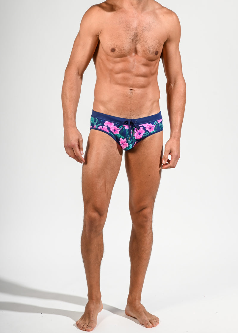 PINK/TEAL/NAVY HIBISCUS FREESTYLE SWIM BRIEF W/ REMOVABLE CUP ST-8000-07- Final Sale