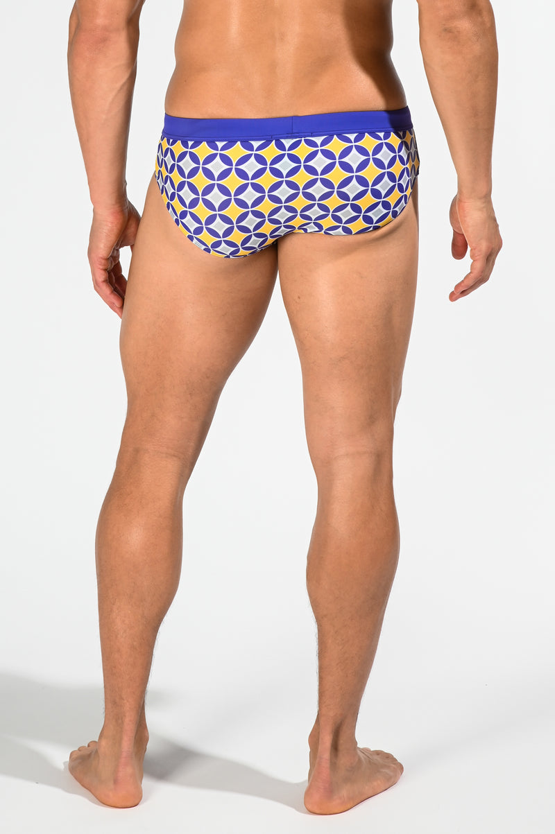 YELLOW/NAVY CIRCLE MOSAIC FREESTYLE SWIM BRIEF WITH REMOVABLE CUP ST-8000-46- Final Sale