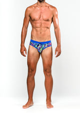 BLUE/PURPLE FLORAL ABSTRACT FREESTYLE SWIM BRIEF W/ REMOVABLE CUP ST-8000