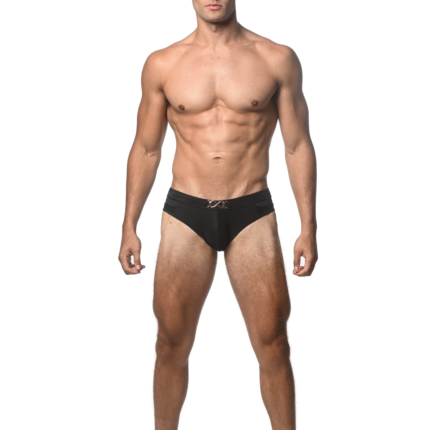 BLACK SOLID SWIM BRIEF W/ FRONT BUCKLE ST-8021