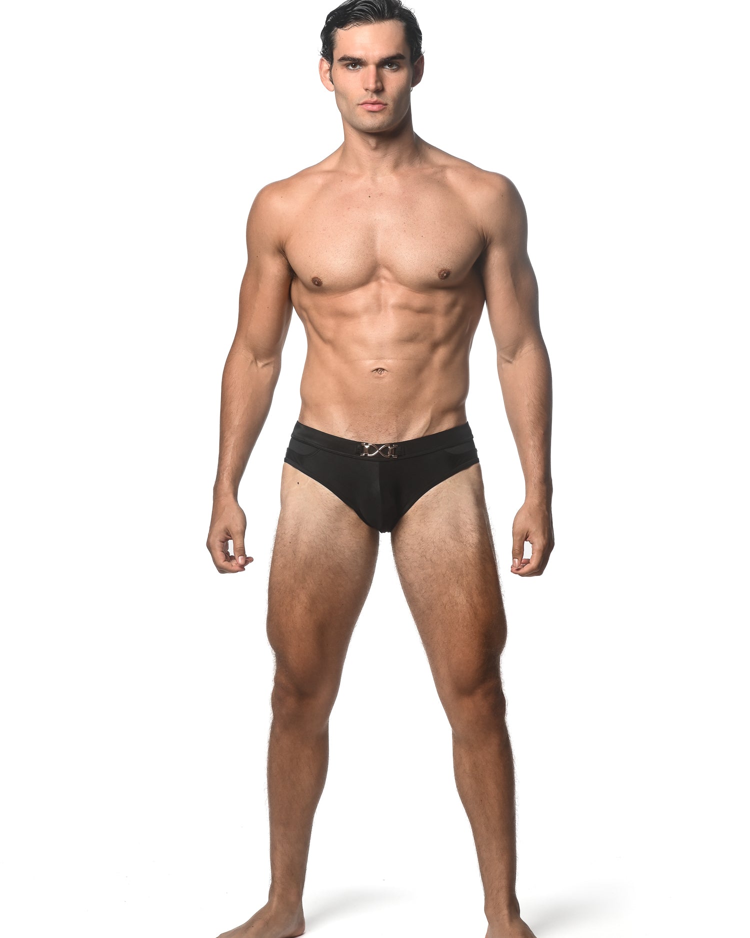 BLACK SOLID SWIM BRIEF W/ FRONT BUCKLE ST-8021