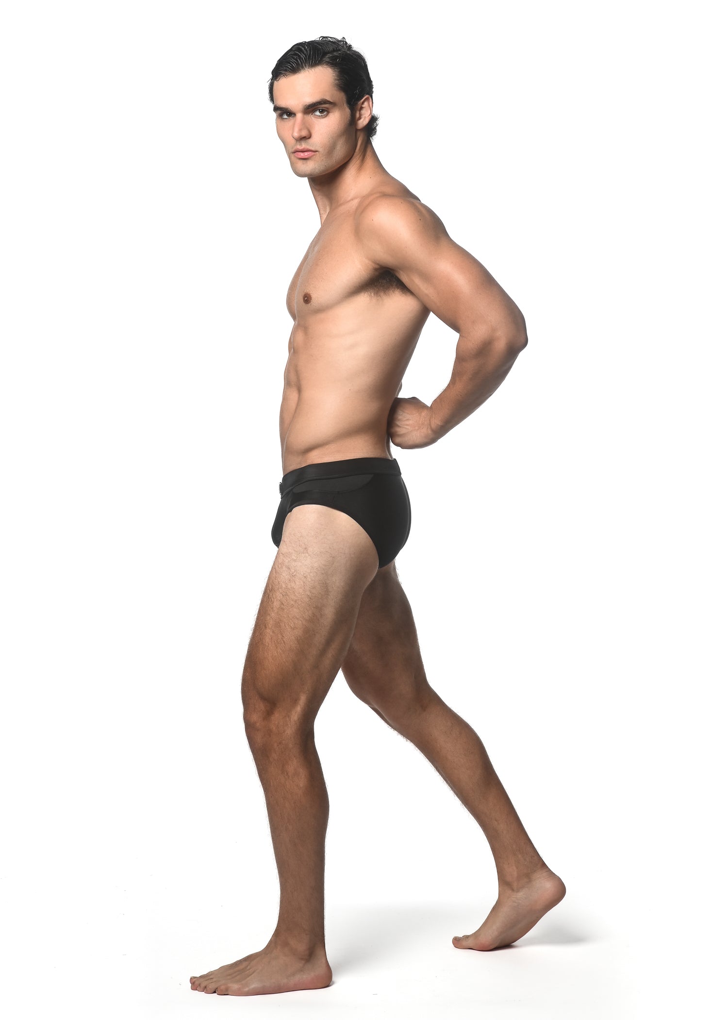 BLACK SOLID SWIM BRIEF W/ FRONT BUCKLE ST-8021
