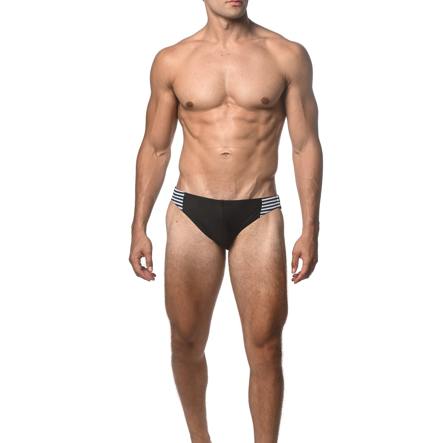 BLACK SOLID SWIM BRIEF W/ SIDE STRIPES AND BUCKLE ST-8023