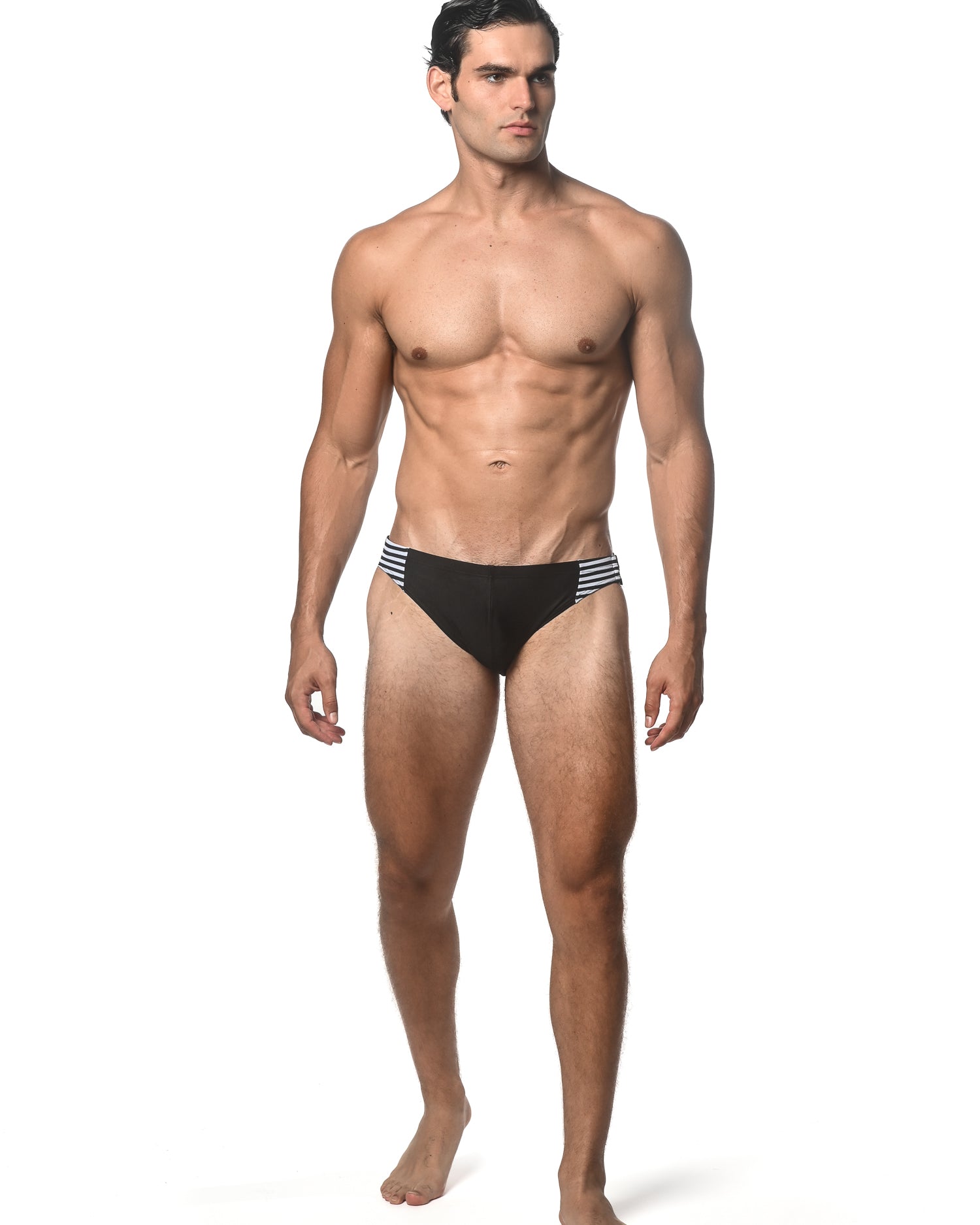 BLACK SOLID SWIM BRIEF W/ SIDE STRIPES AND BUCKLE ST-8023