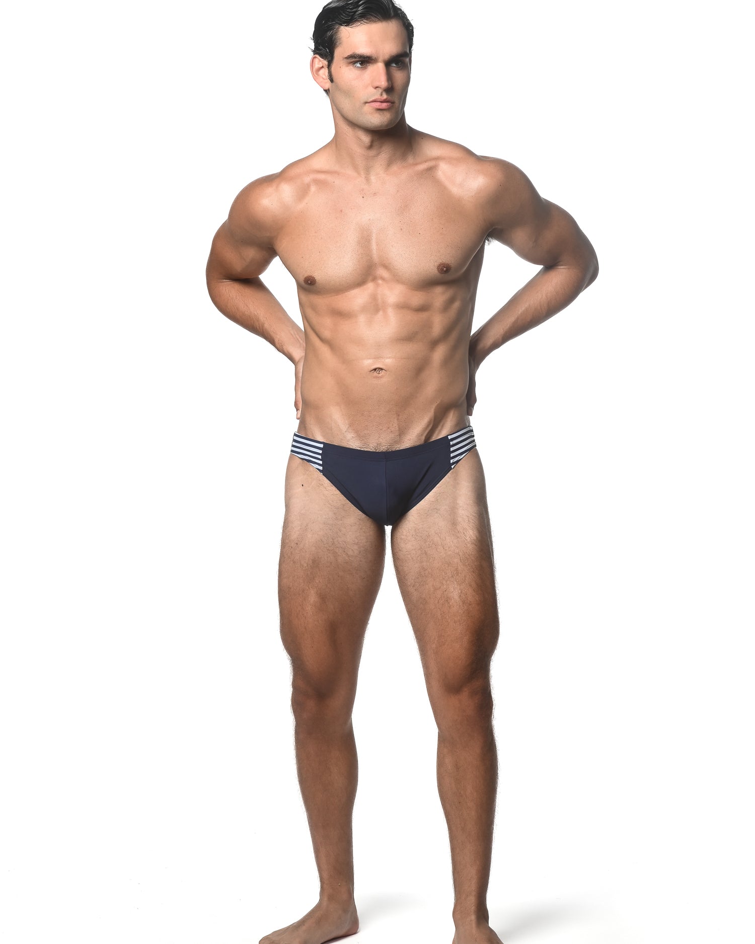 NAVY SOLID SWIM BRIEF W/ SIDE STRIPES AND BUCKLE ST-8023