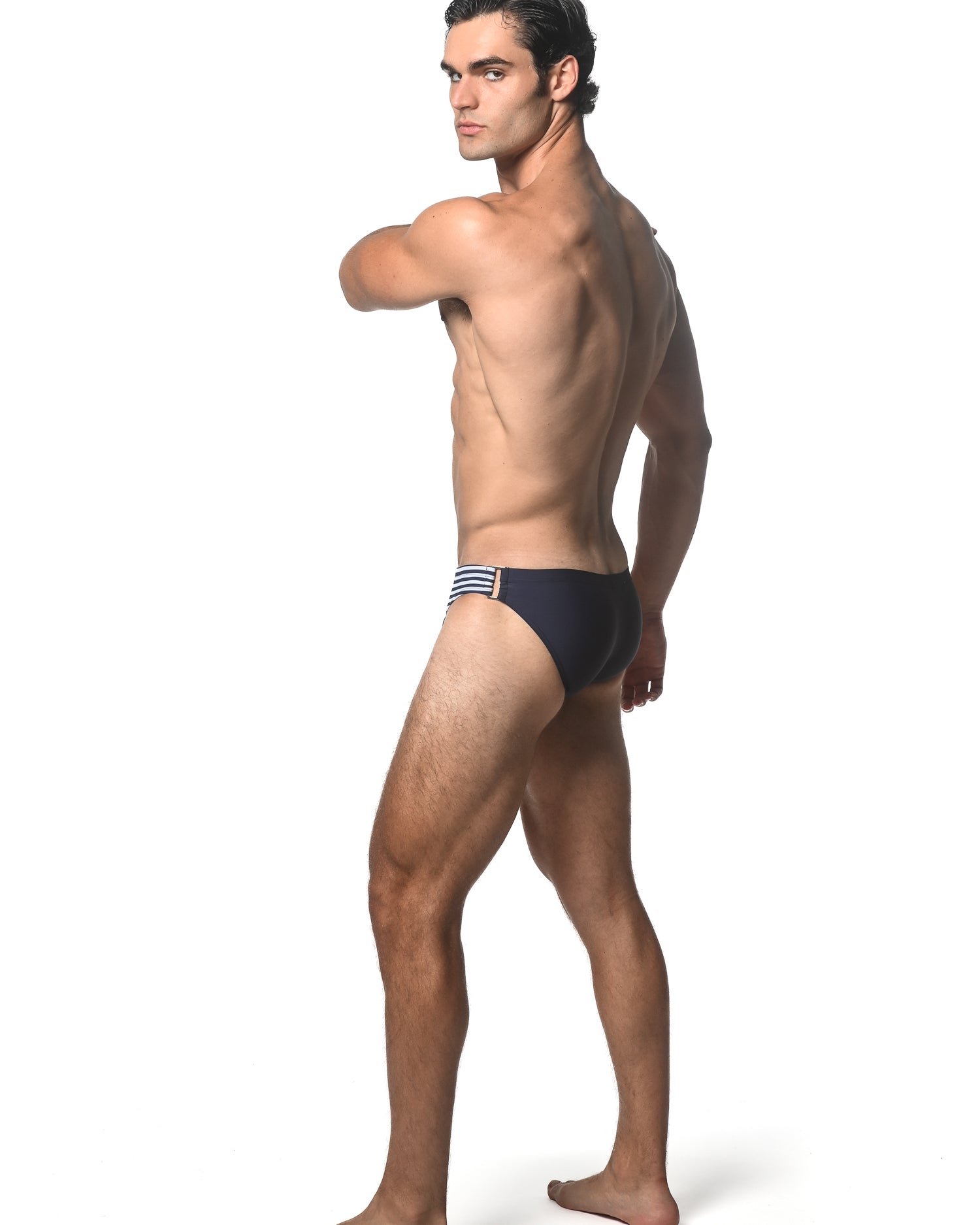 NAVY SOLID SWIM BRIEF W/ SIDE STRIPES AND BUCKLE ST-8023