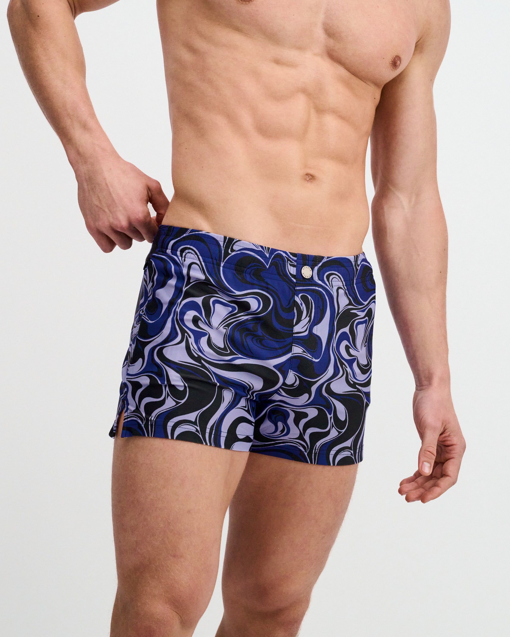 NAVY/THISTLE SWIRLS PRINTED SWIM SHORTS W/MESH BRIEF LINING ST-8024-16
