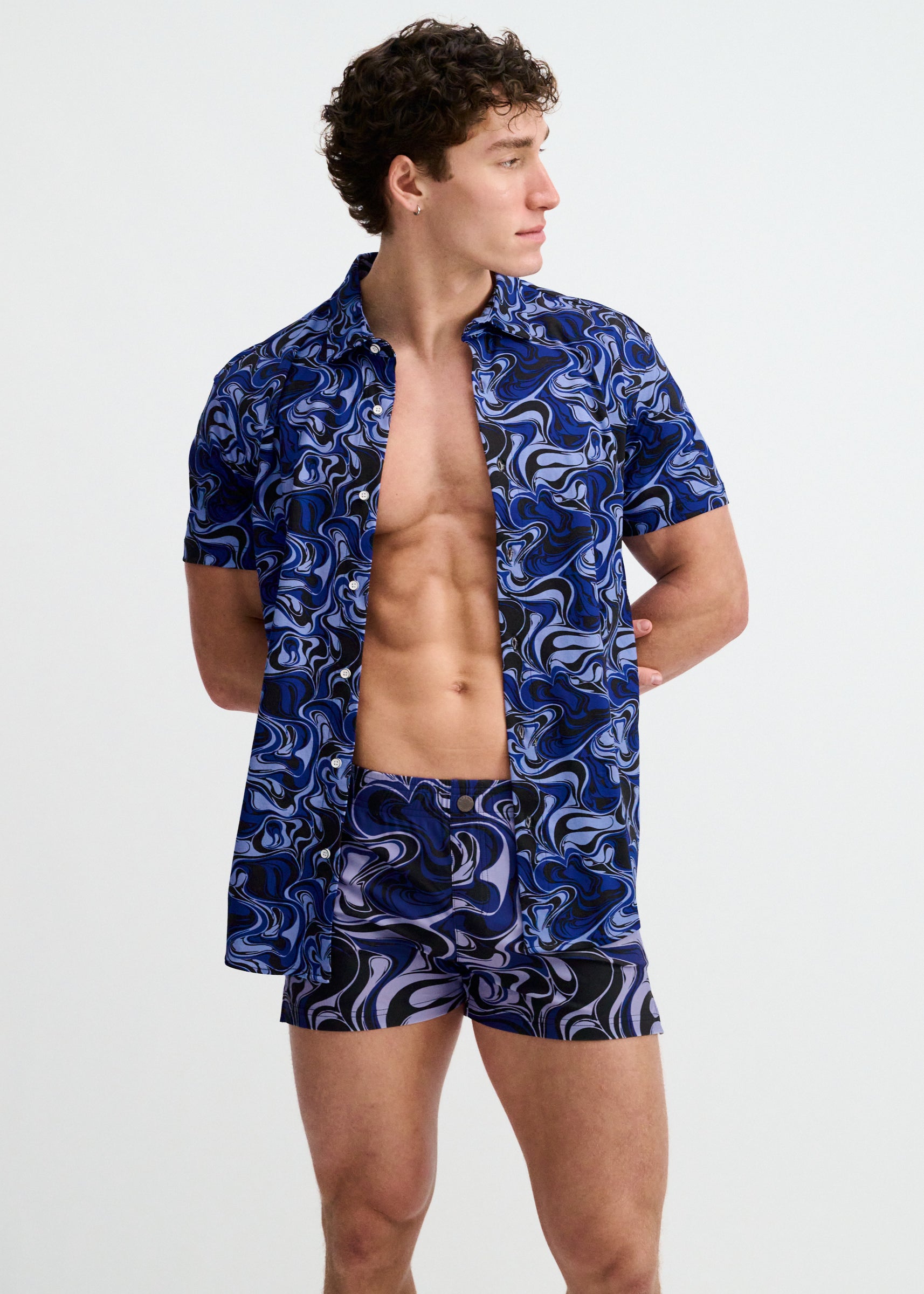 NAVY/THISTLE SWIRLS PRINTED SWIM SHORTS W/MESH BRIEF LINING ST-8024-16