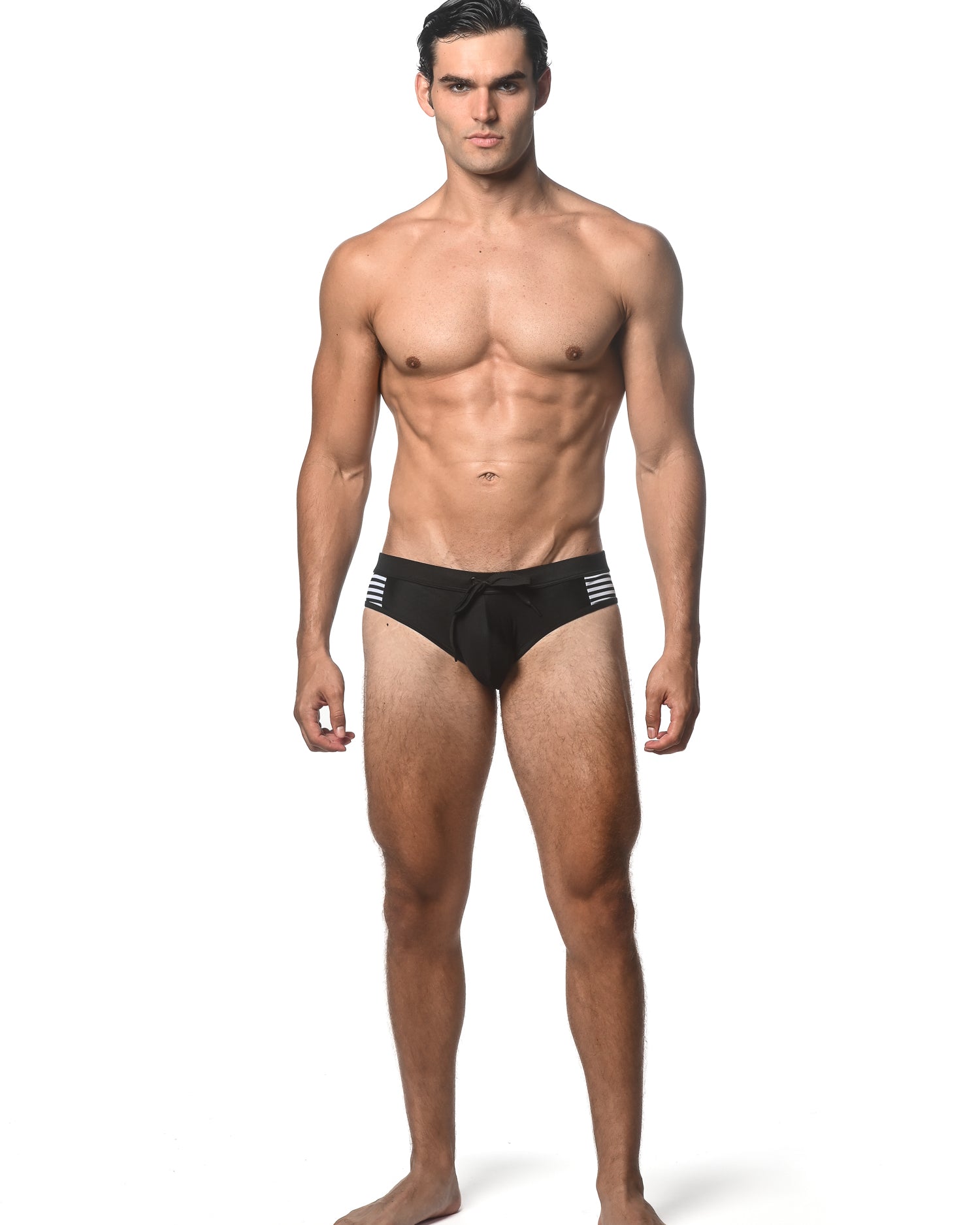 BLACK SOLID SWIM BRIEF W/ SIDE STRIPE PANEL ST-8024