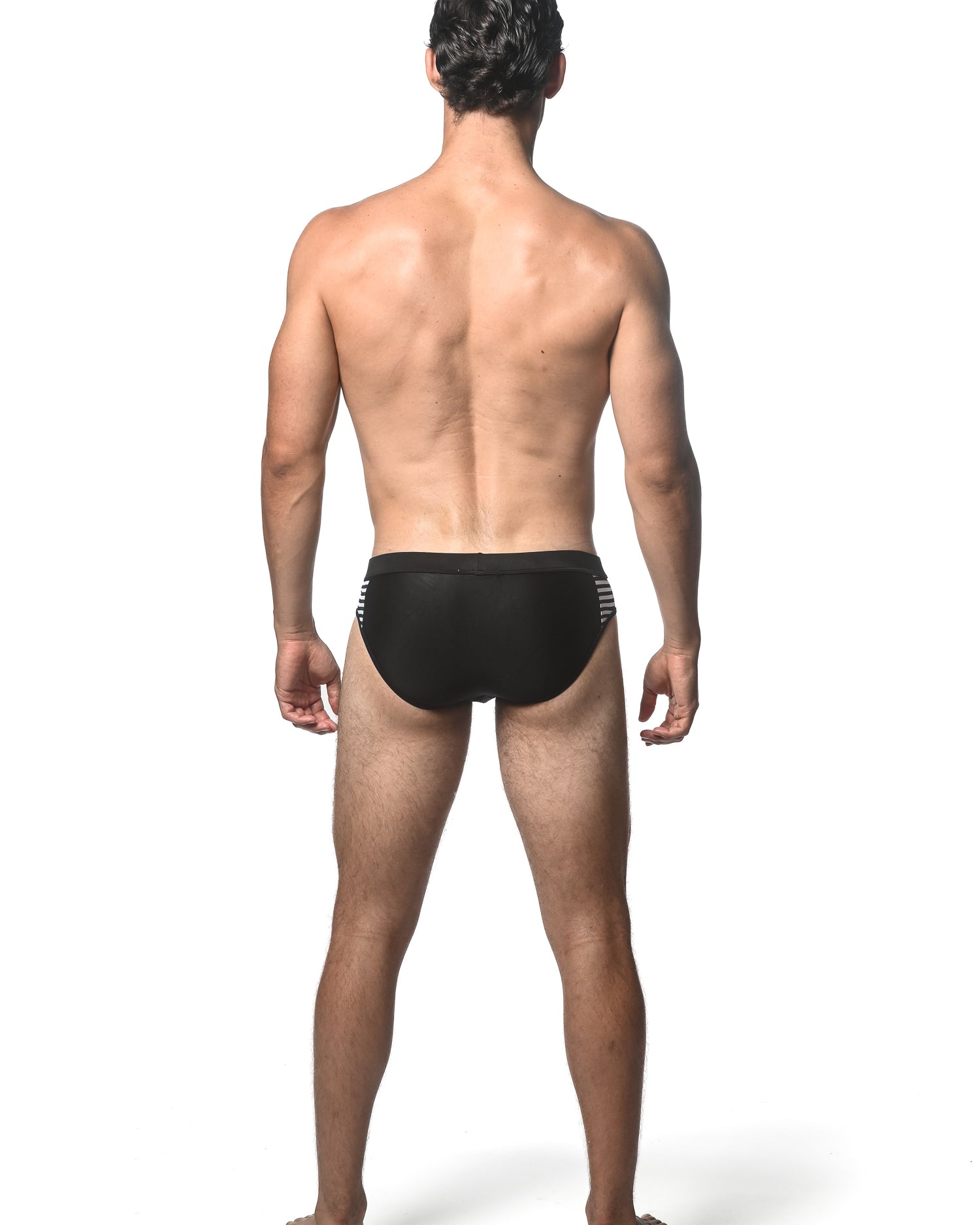 BLACK SOLID SWIM BRIEF W/ SIDE STRIPE PANEL ST-8024