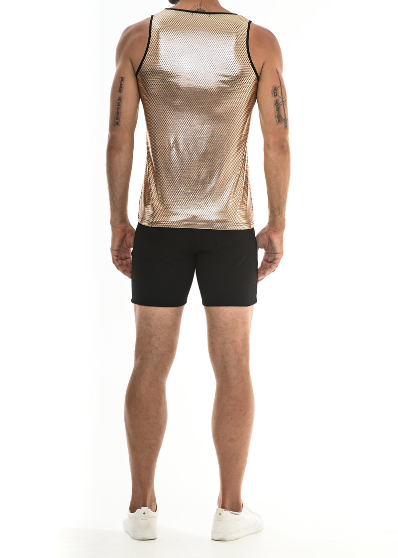 CHAMPAGNE GOLD DIAMOND PATTERN METALLIC STRETCH TANK TOP ST-8901 Final Sale