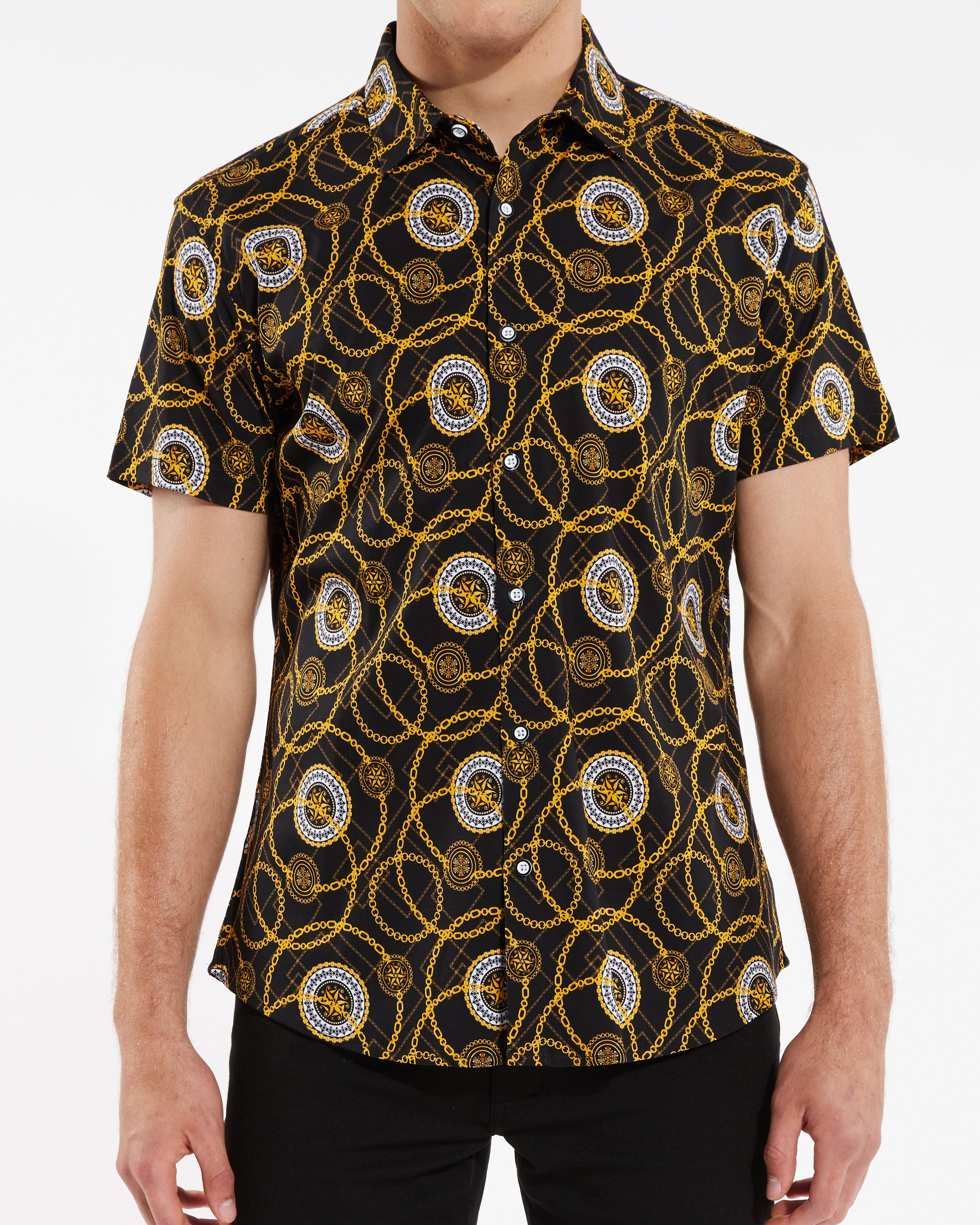 BLACK GOLD CIRCLE CHAINS COTTON KNIT SHORT SLEEVE SHIRT ST-9230- Final Sale