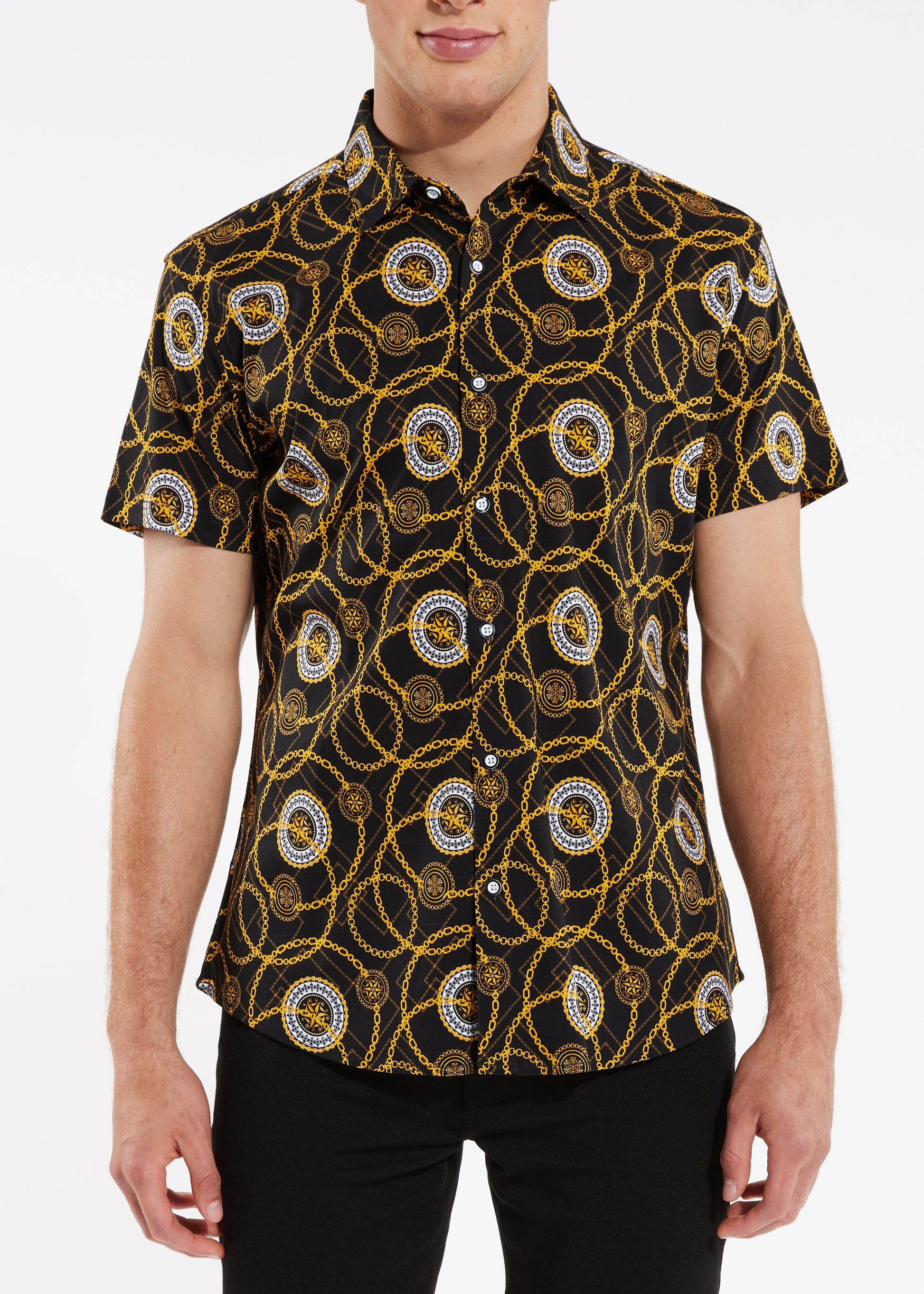 BLACK GOLD CIRCLE CHAINS COTTON KNIT SHORT SLEEVE SHIRT ST-9230- Final Sale