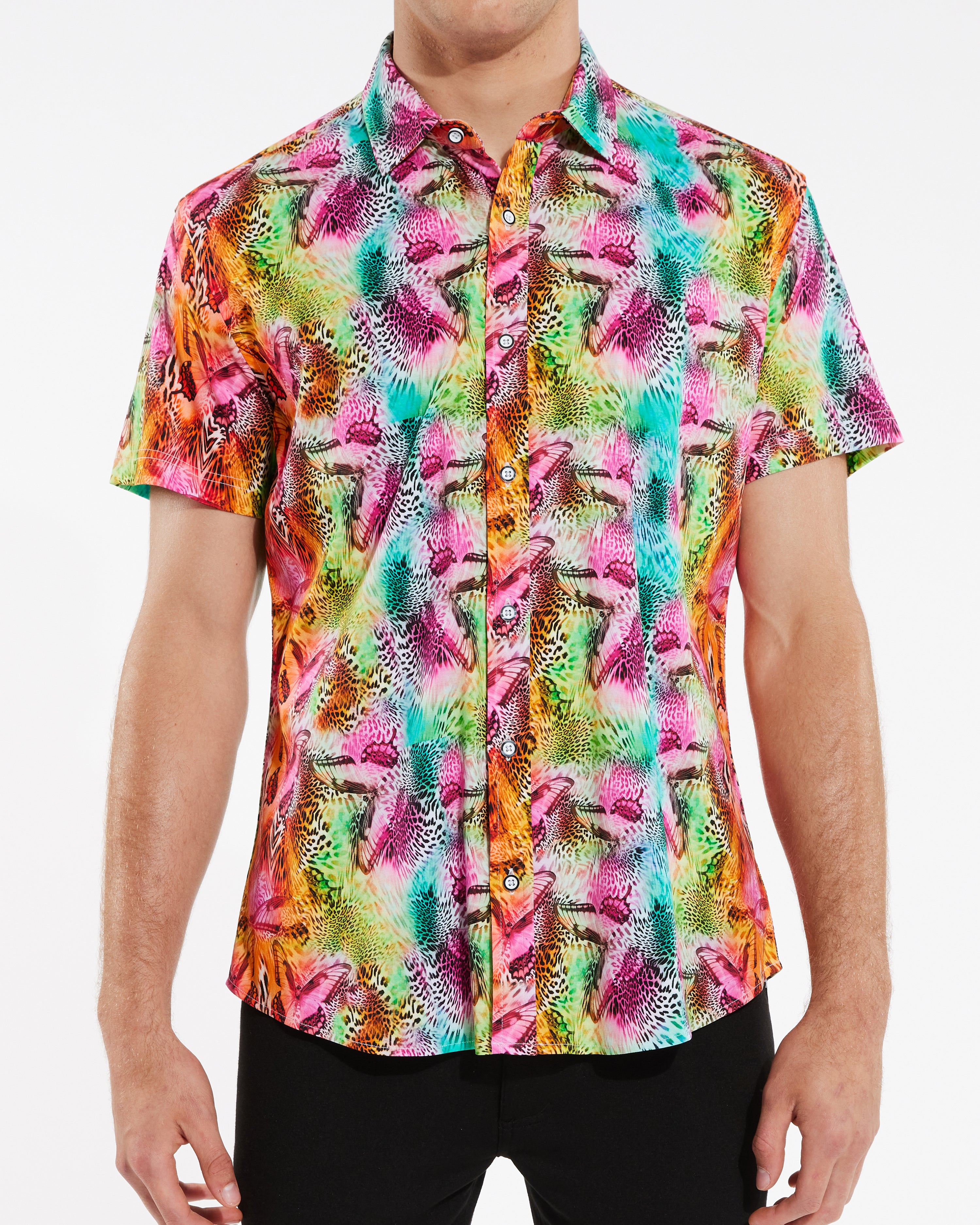 TEAL/APRICOT BUTTERFLIES JUNGLE PREMIUM COTTOTN KNIT SHORT SLEEVE SHIRT ST-9234- Final Sale
