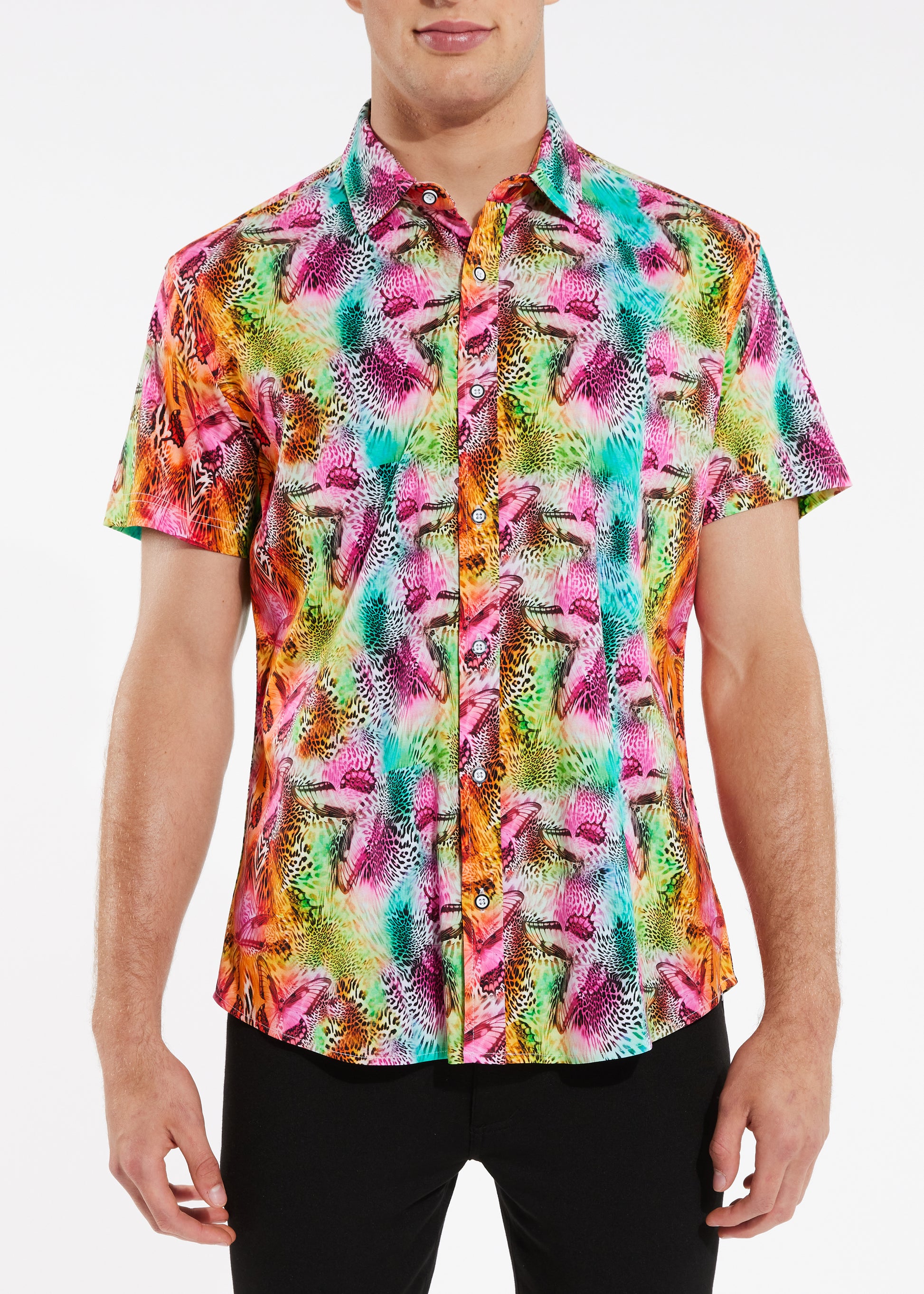 TEAL/APRICOT BUTTERFLIES JUNGLE PREMIUM COTTOTN KNIT SHORT SLEEVE SHIRT ST-9234- Final Sale