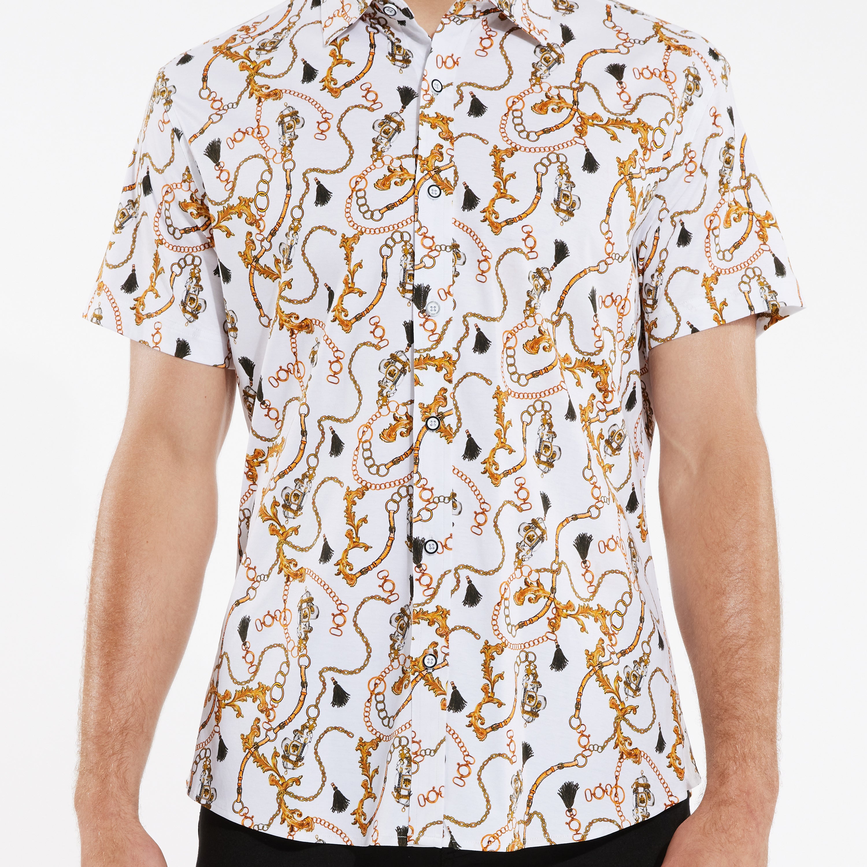 GOLD/WHITE TASSLE CHAINS COTTON KNIT SHORT SLEEVE SHIRT ST-9236- Final Sale