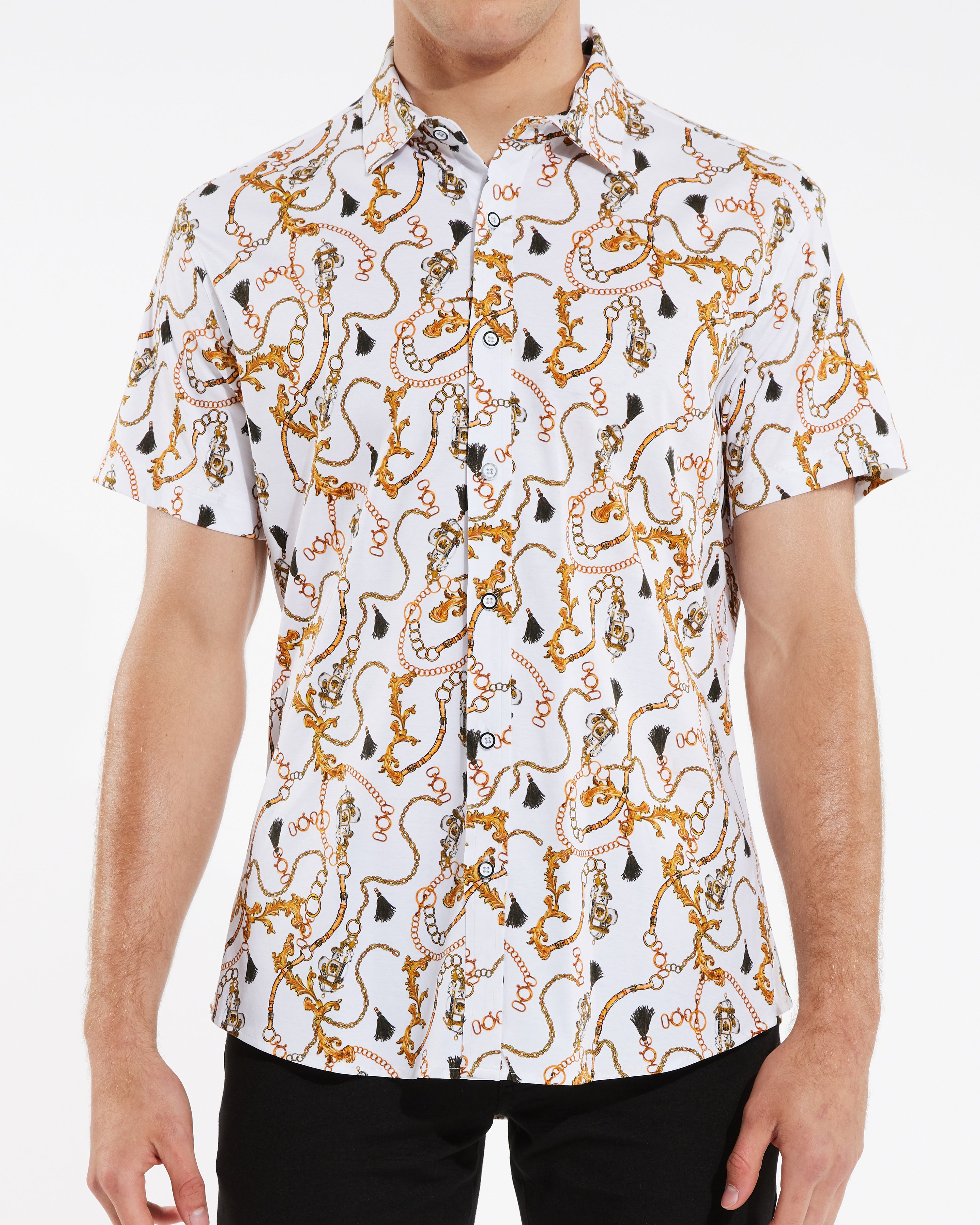 GOLD/WHITE TASSLE CHAINS COTTON KNIT SHORT SLEEVE SHIRT ST-9236- Final Sale