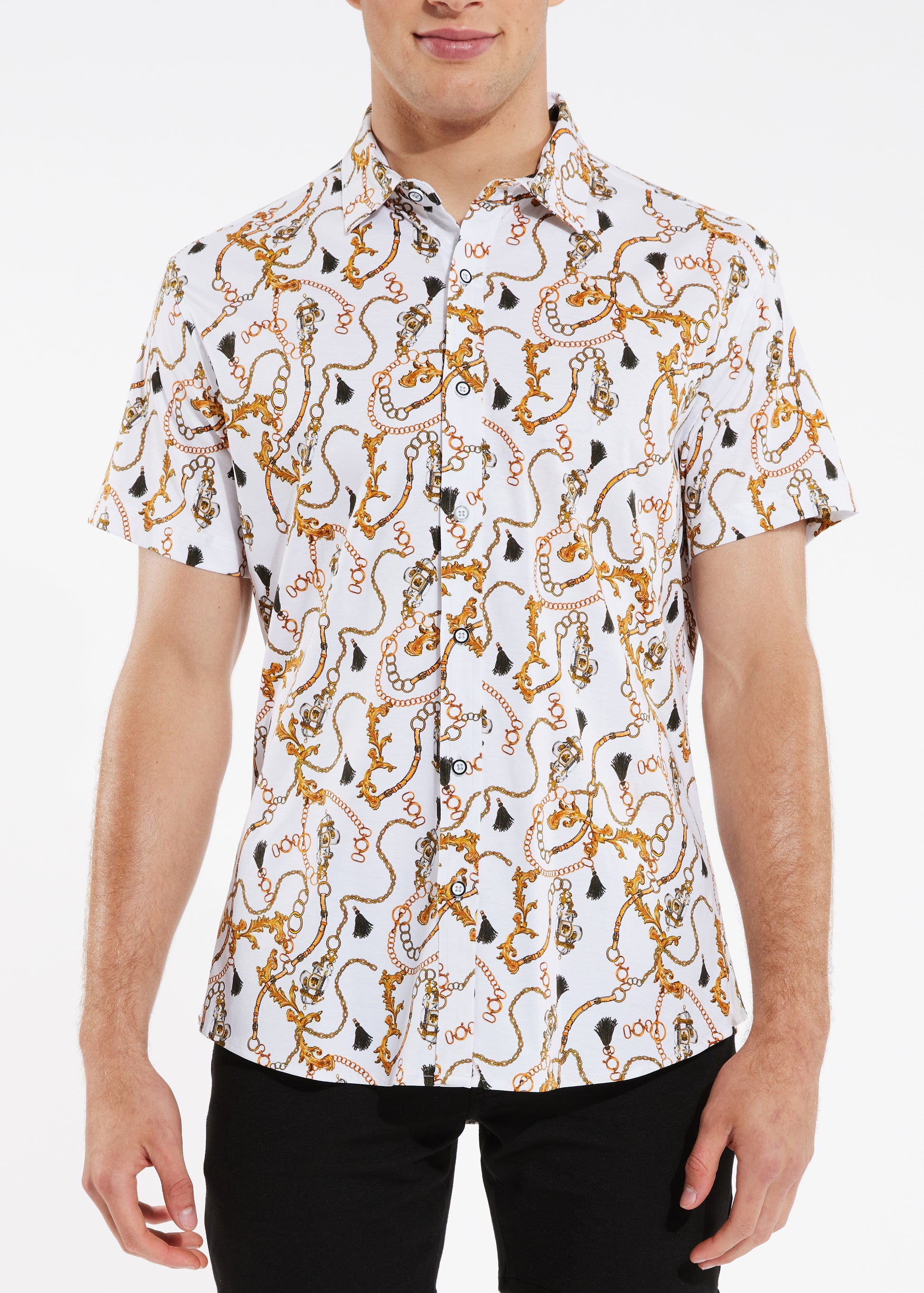 GOLD/WHITE TASSLE CHAINS COTTON KNIT SHORT SLEEVE SHIRT ST-9236- Final Sale
