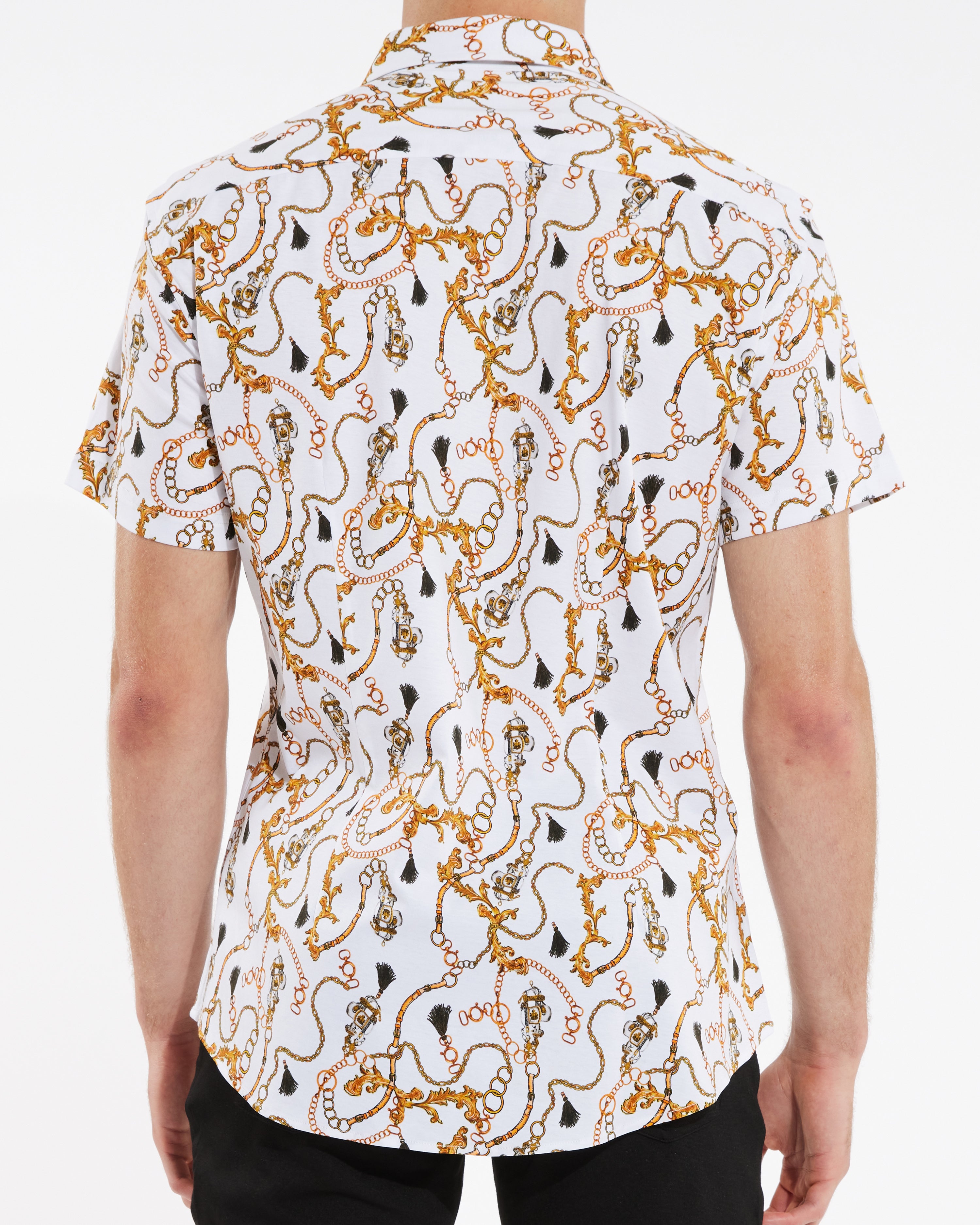 GOLD/WHITE TASSLE CHAINS COTTON KNIT SHORT SLEEVE SHIRT ST-9236- Final Sale