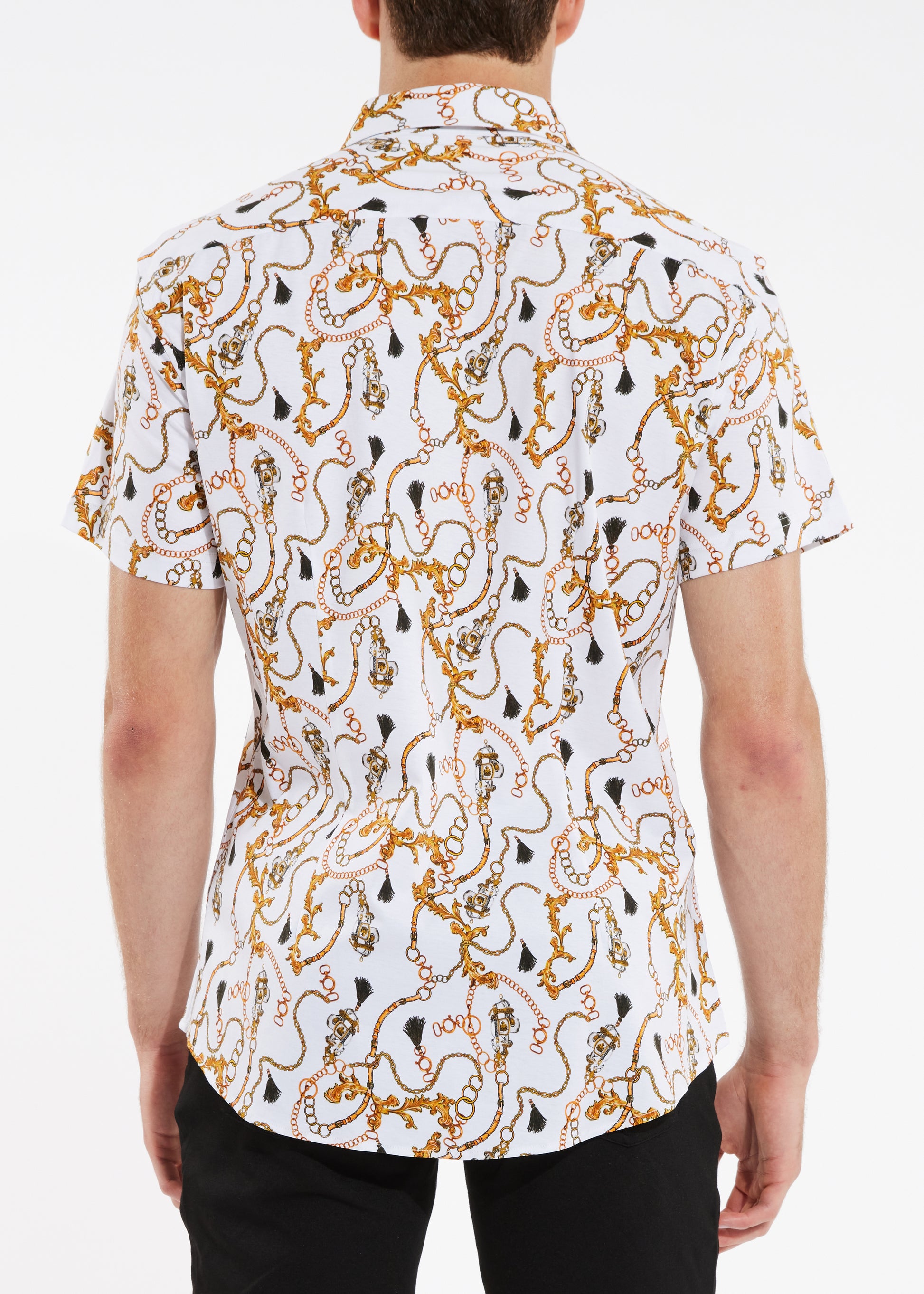 GOLD/WHITE TASSLE CHAINS COTTON KNIT SHORT SLEEVE SHIRT ST-9236- Final Sale