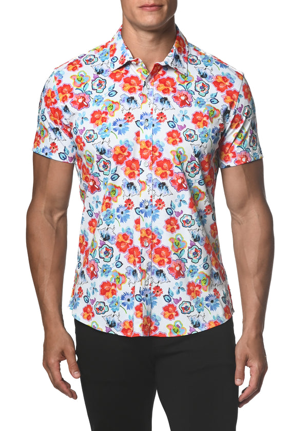 RED/TEAL FLORAL STRETCH JERSEY KNIT SHORT SLEEVE SHIRT  ST-9250