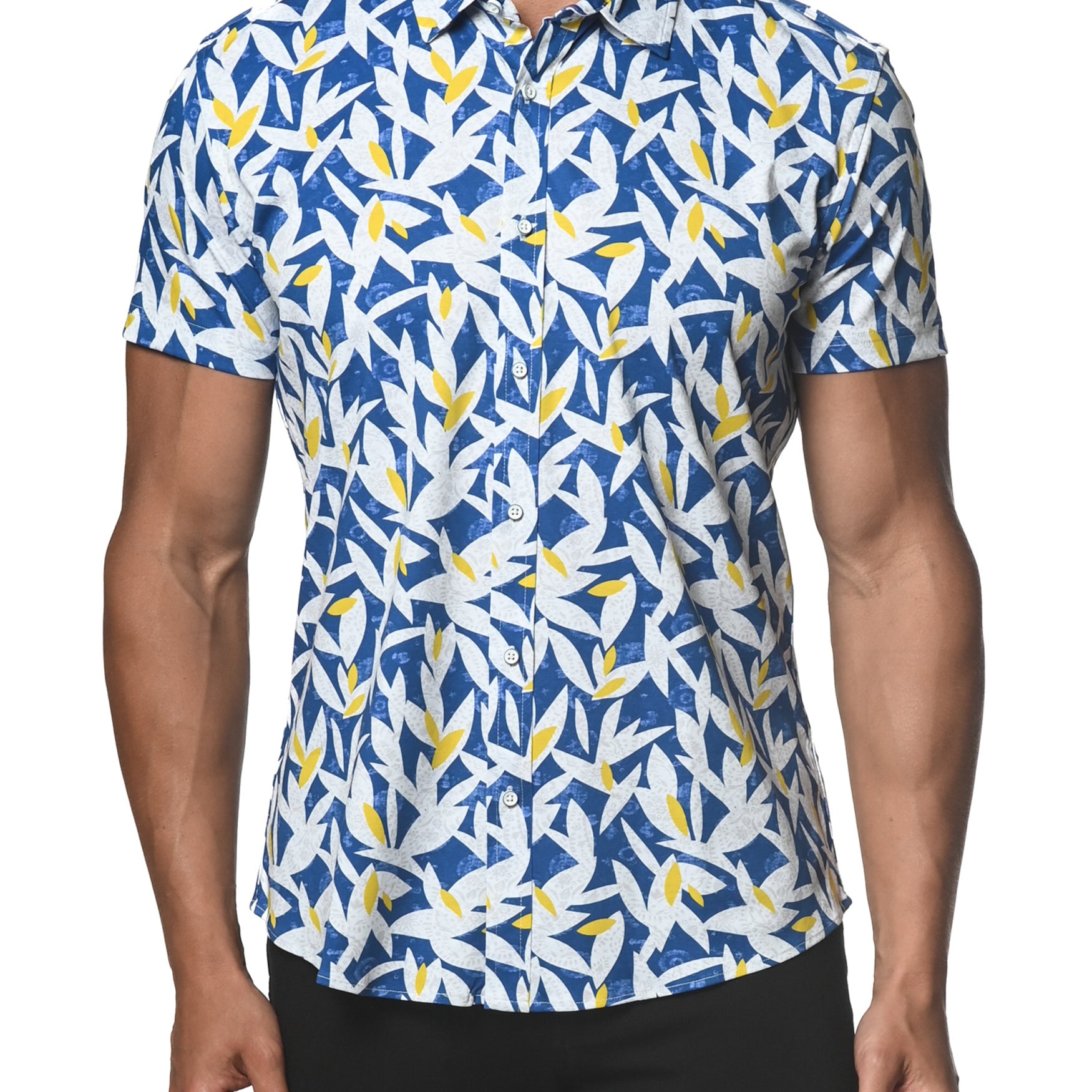 BLUE/YELLOW LEAVES STRETCH JERSEY KNIT SHORT SLEEVE SHIRT  ST-9251