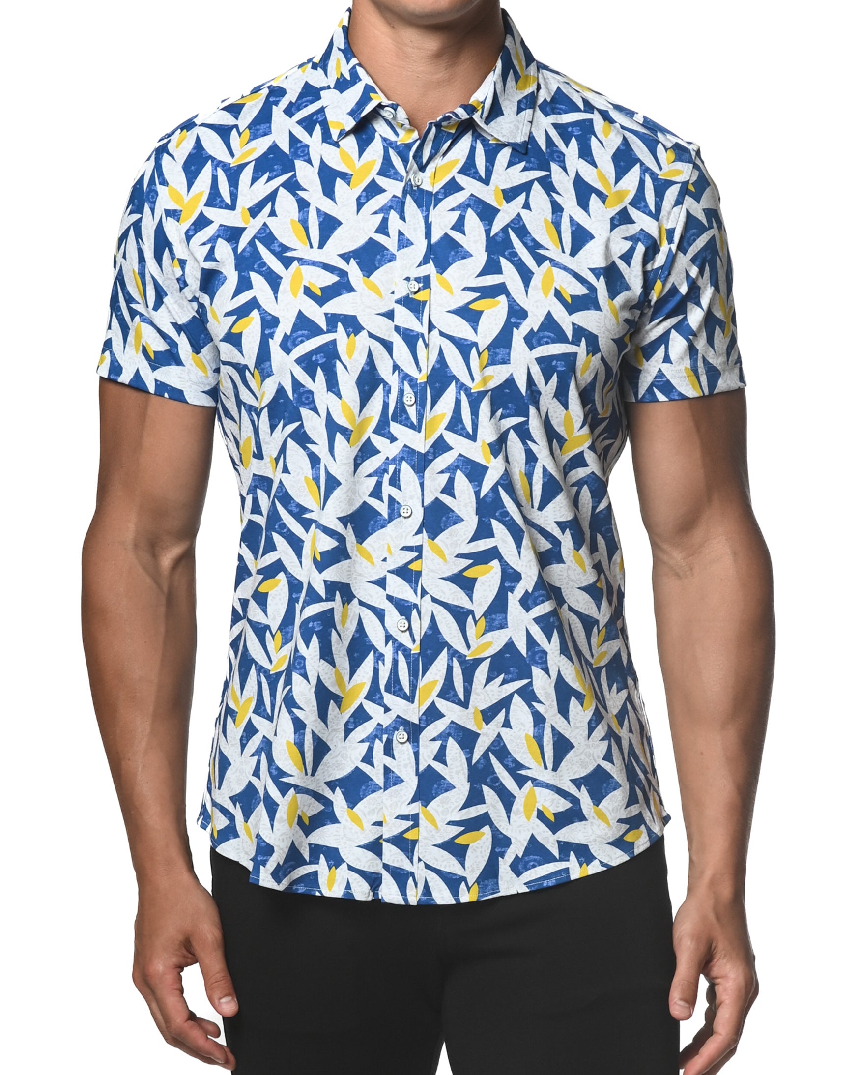 BLUE/YELLOW LEAVES STRETCH JERSEY KNIT SHORT SLEEVE SHIRT  ST-9251