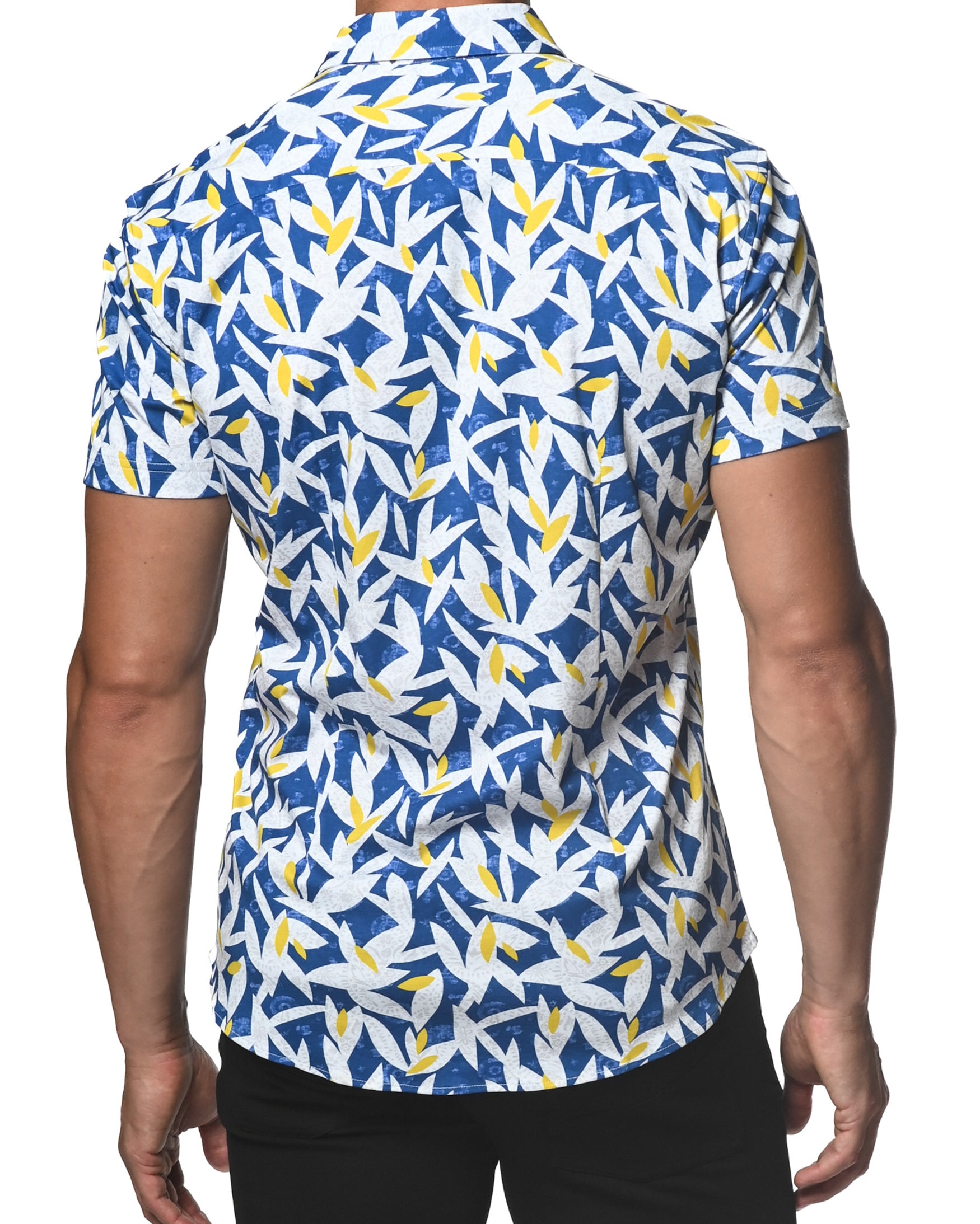 BLUE/YELLOW LEAVES STRETCH JERSEY KNIT SHORT SLEEVE SHIRT  ST-9251