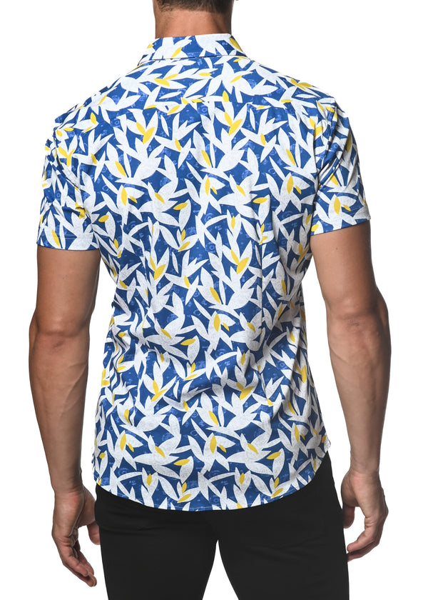 BLUE/YELLOW LEAVES STRETCH JERSEY KNIT SHORT SLEEVE SHIRT  ST-9251