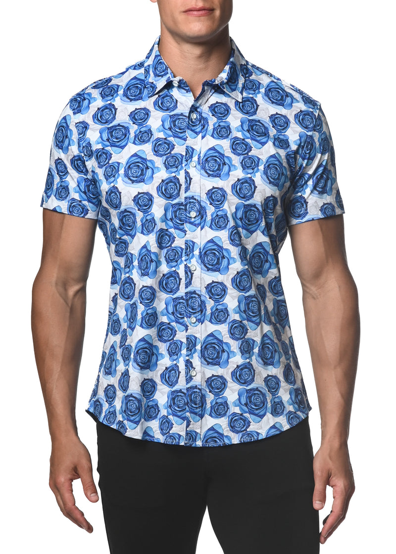 BLUE/WHITE INK ROSES STRETCH JERSEY KNIT SHORT SLEEVE SHIRT  ST-9253
