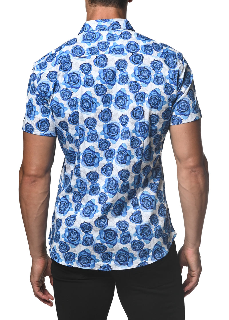 BLUE/WHITE INK ROSES STRETCH JERSEY KNIT SHORT SLEEVE SHIRT  ST-9253