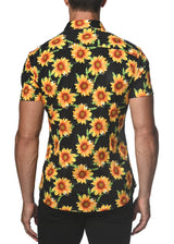 YELLOW/BLACK SUNFLOWERS STRETCH JERSEY KNIT SHORT SLEEVE SHIRT  ST-9268