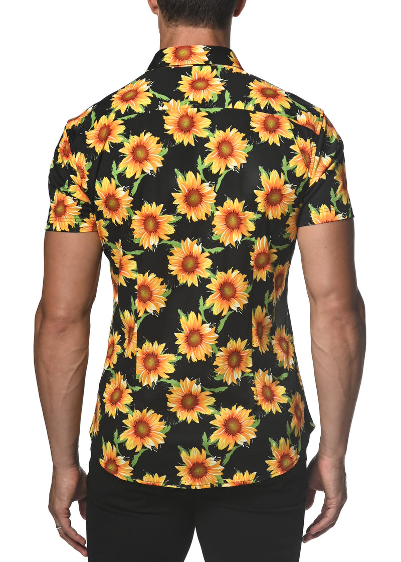 YELLOW/BLACK SUNFLOWERS STRETCH JERSEY KNIT SHORT SLEEVE SHIRT  ST-9268