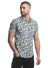 ROYAL/ YELLOW ABSTRACT PRINTED STRETCH JERSEY KNIT SHORT SLEEVE SHIRT ST-9275