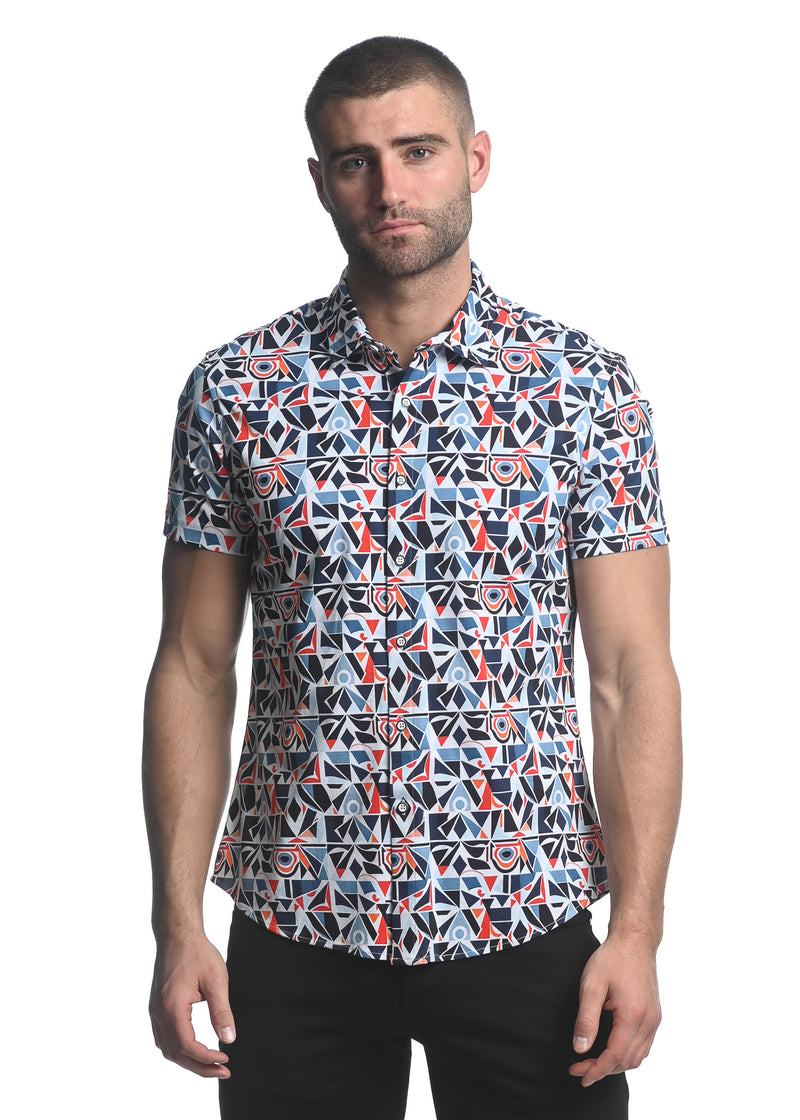 SLATE/ NAVY ABSTRACT PRINTED STRETCH JERSEY KNIT SHORT SLEEVE SHIRT ST-9276