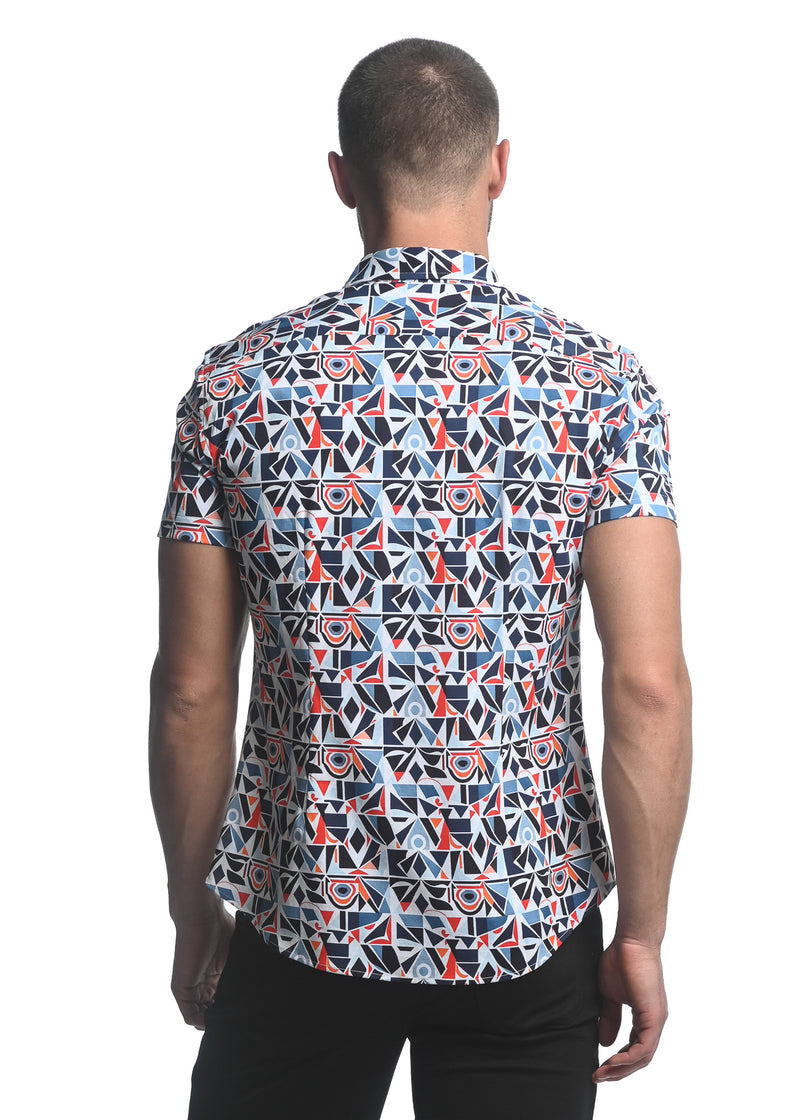 SLATE/ NAVY ABSTRACT PRINTED STRETCH JERSEY KNIT SHORT SLEEVE SHIRT ST-9276