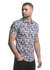 SLATE/ NAVY ABSTRACT PRINTED STRETCH JERSEY KNIT SHORT SLEEVE SHIRT ST-9276