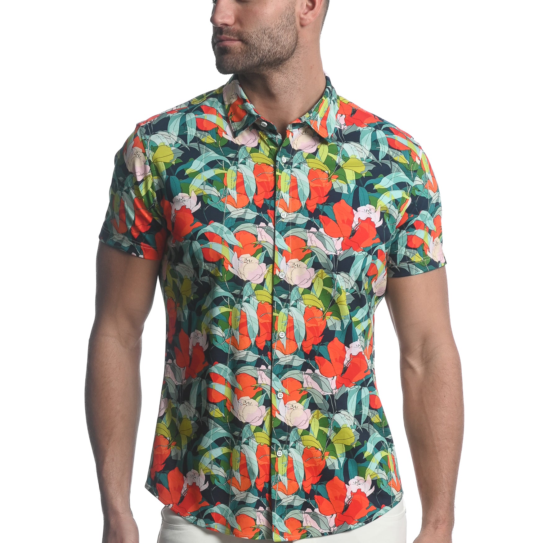 ORANGE/ TURQUOISE PARADISE PRINTED STRETCH JERSEY KNIT SHORT SLEEVE SHIRT  ST-9277