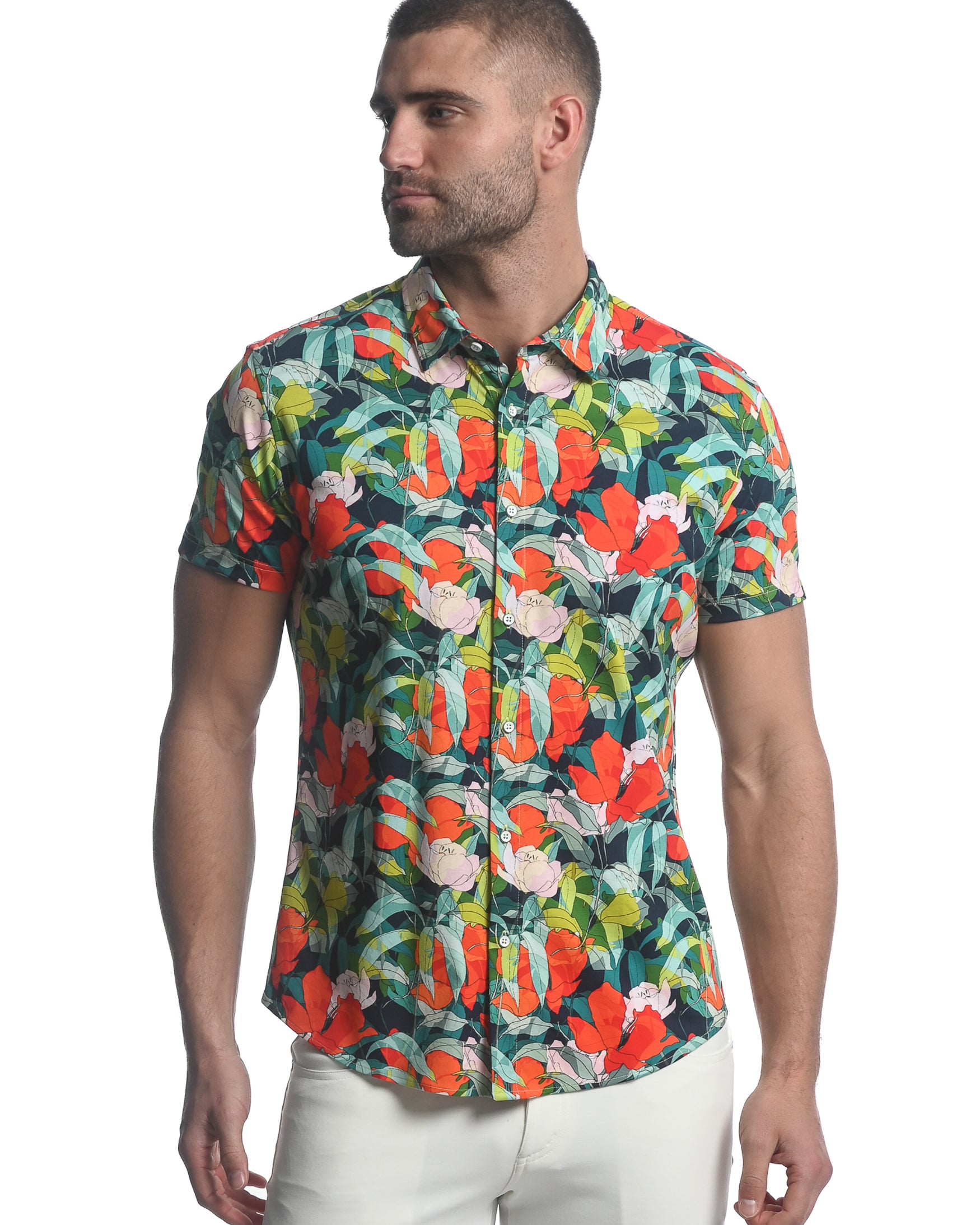 ORANGE/ TURQUOISE PARADISE PRINTED STRETCH JERSEY KNIT SHORT SLEEVE SHIRT  ST-9277