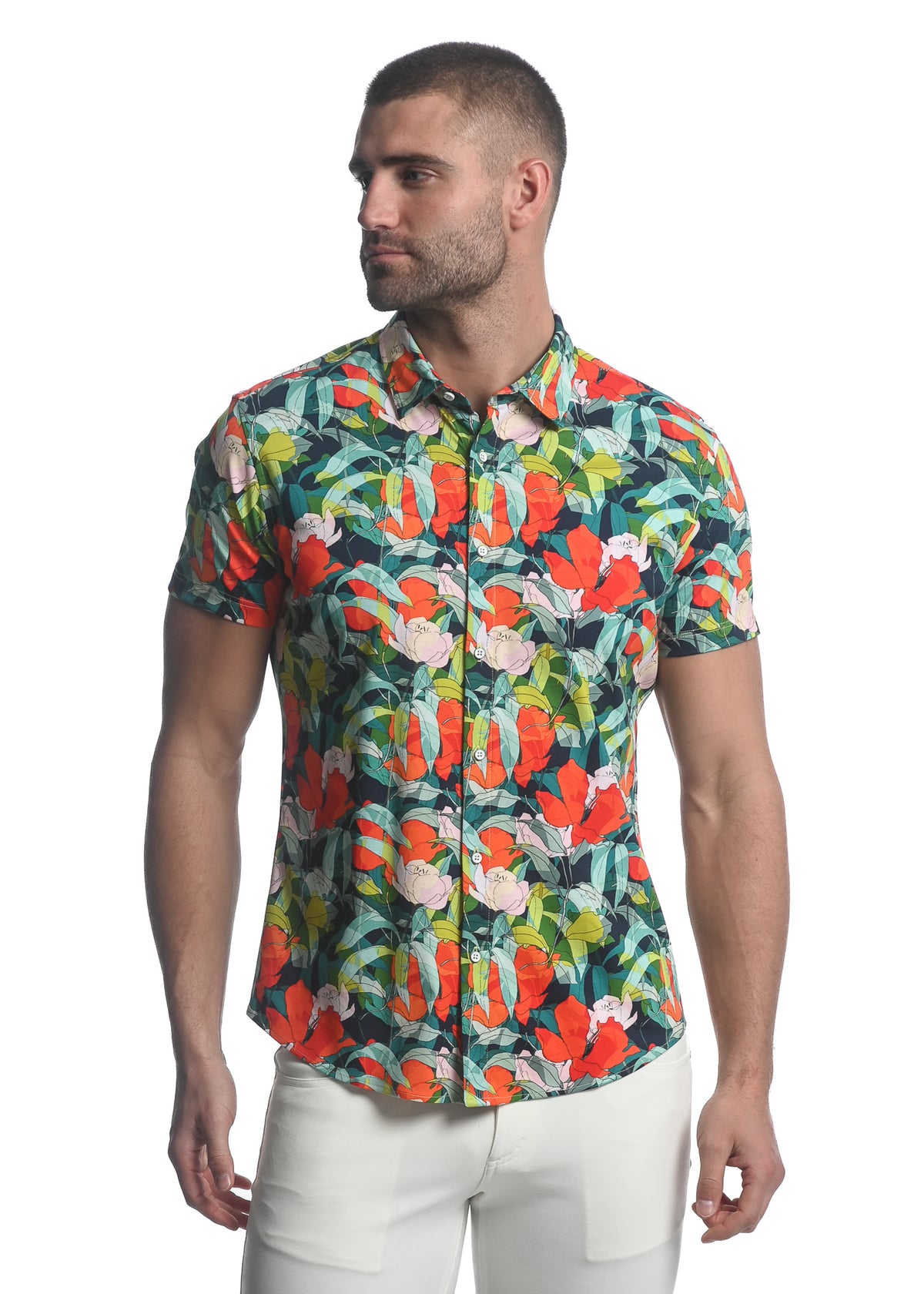 ORANGE/ TURQUOISE PARADISE PRINTED STRETCH JERSEY KNIT SHORT SLEEVE SHIRT  ST-9277