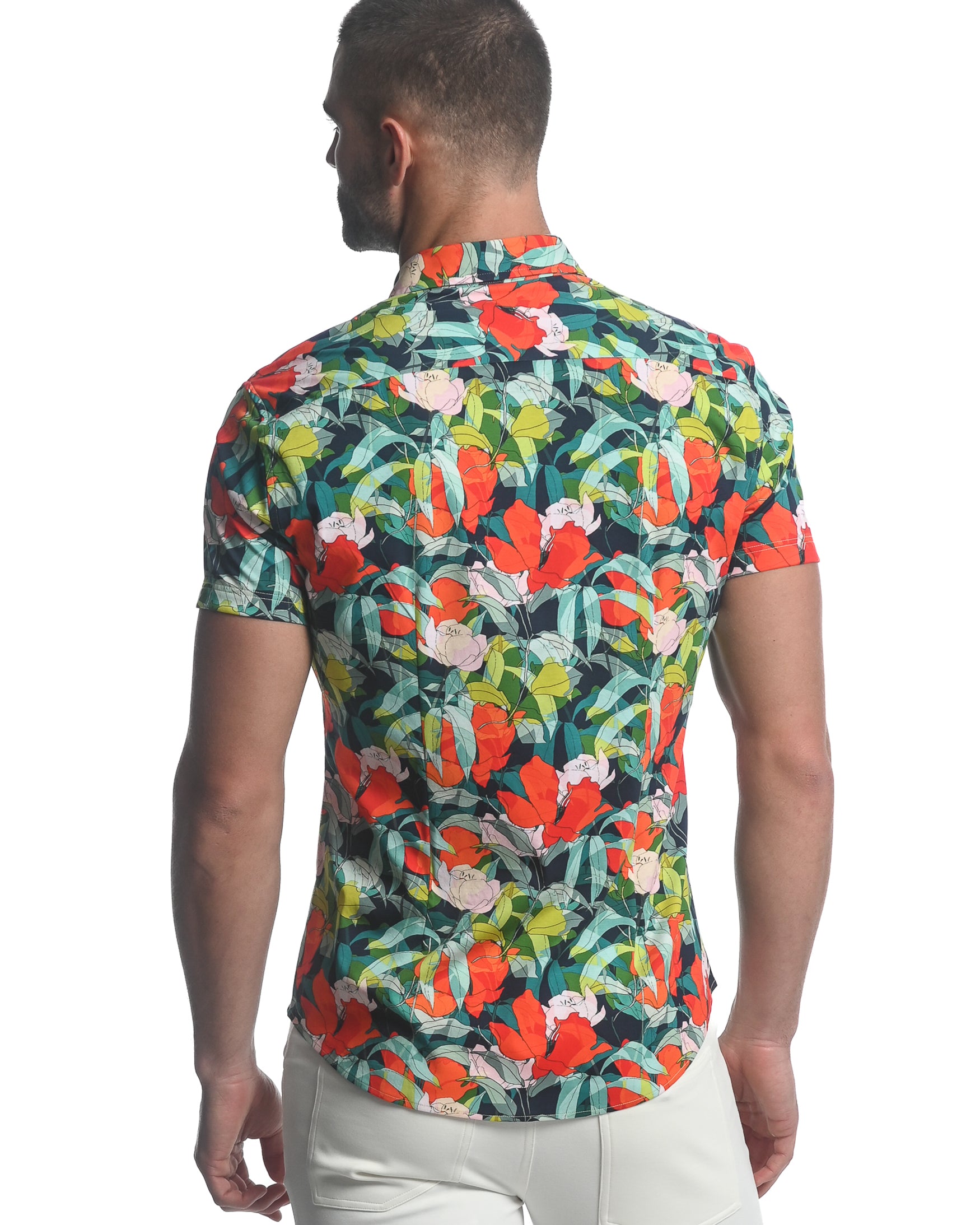 ORANGE/ TURQUOISE PARADISE PRINTED STRETCH JERSEY KNIT SHORT SLEEVE SHIRT  ST-9277