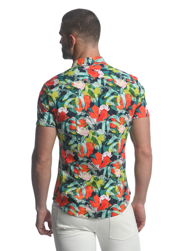 ORANGE/ TURQUOISE PARADISE PRINTED STRETCH JERSEY KNIT SHORT SLEEVE SHIRT  ST-9277