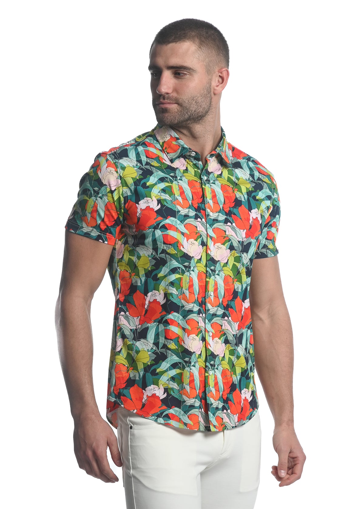 ORANGE/ TURQUOISE PARADISE PRINTED STRETCH JERSEY KNIT SHORT SLEEVE SHIRT  ST-9277