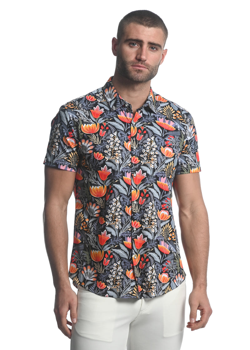 MIDNIGHT/ RED FLORAL PRINTED STRETCH JERSEY KNIT SHORT SLEEVE SHIRT  ST-9278