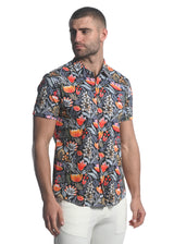 MIDNIGHT/ RED FLORAL PRINTED STRETCH JERSEY KNIT SHORT SLEEVE SHIRT  ST-9278