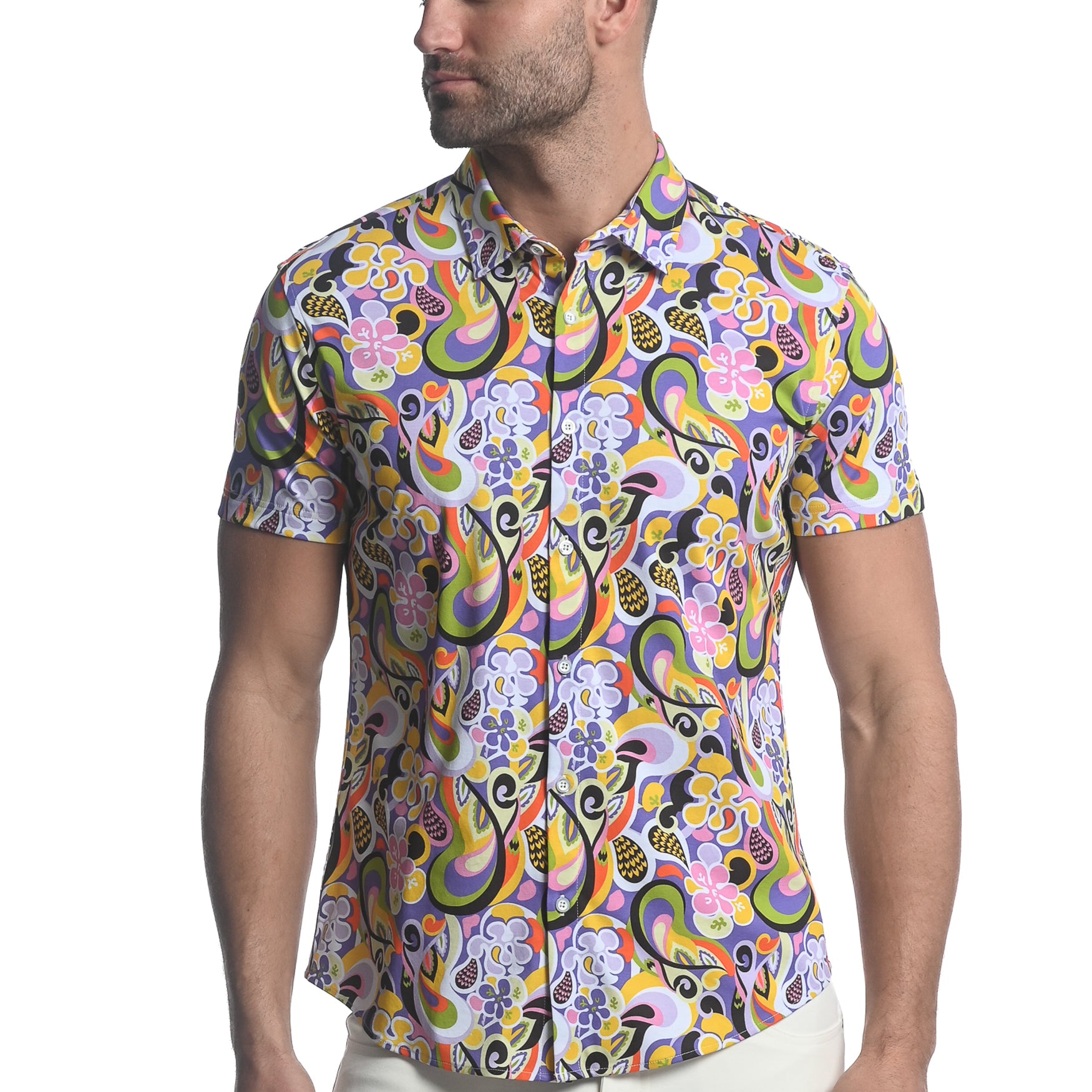 PERIWINKLE/ GREEN GROOVE PRINTED STRETCH JERSEY KNIT SHORT SLEEVE SHIRT ST-9279