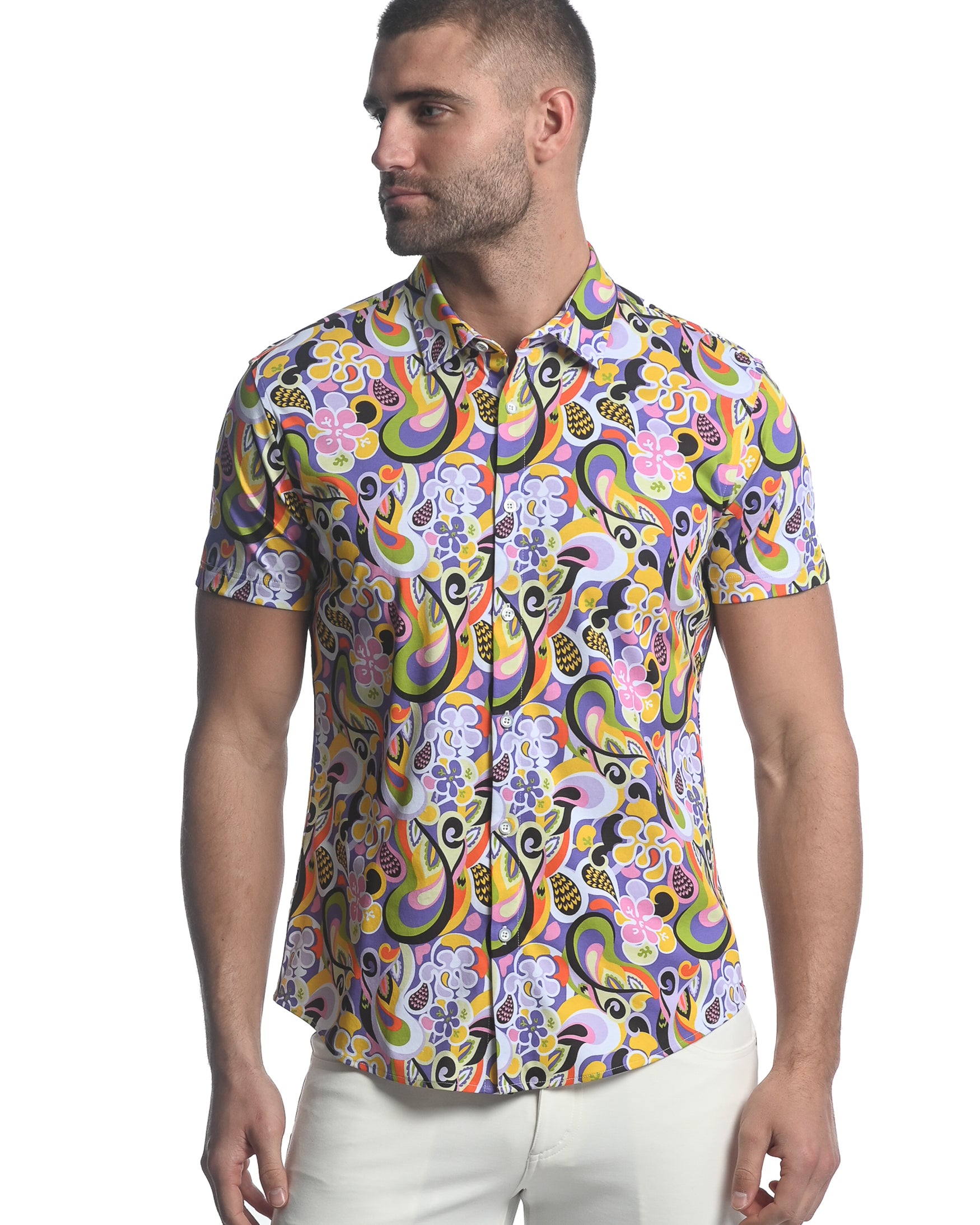 PERIWINKLE/ GREEN GROOVE PRINTED STRETCH JERSEY KNIT SHORT SLEEVE SHIRT ST-9279