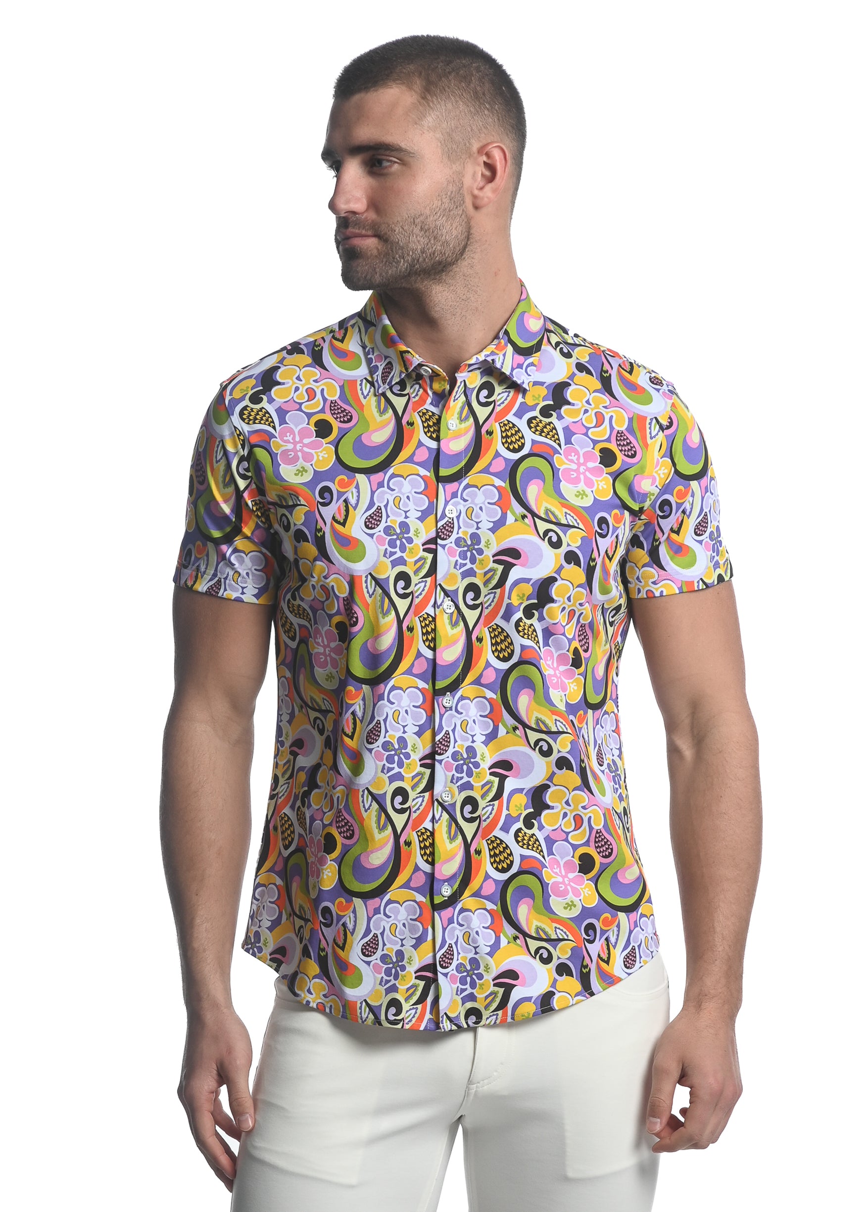 PERIWINKLE/ GREEN GROOVE PRINTED STRETCH JERSEY KNIT SHORT SLEEVE SHIRT ST-9279