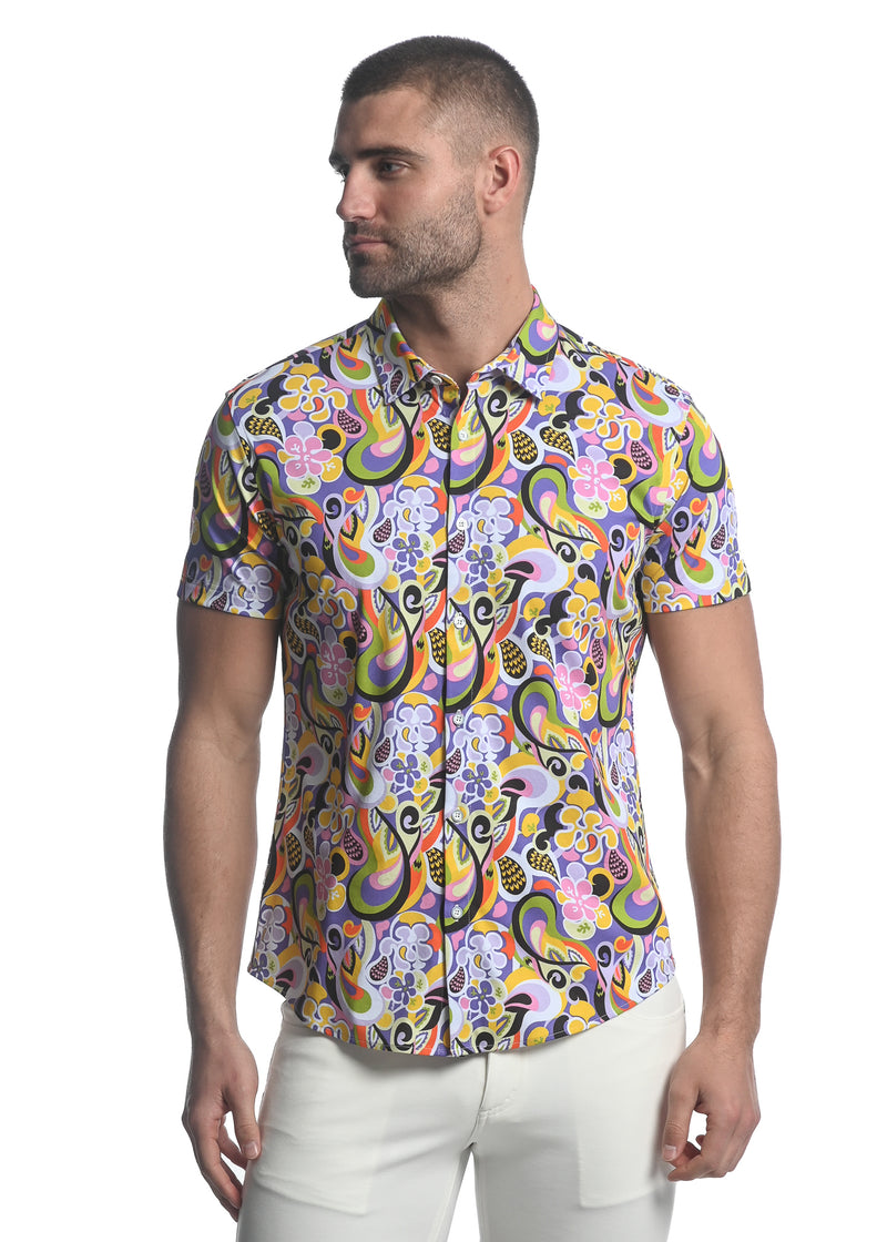 PERIWINKLE/ GREEN GROOVE PRINTED STRETCH JERSEY KNIT SHORT SLEEVE SHIRT ST-9279