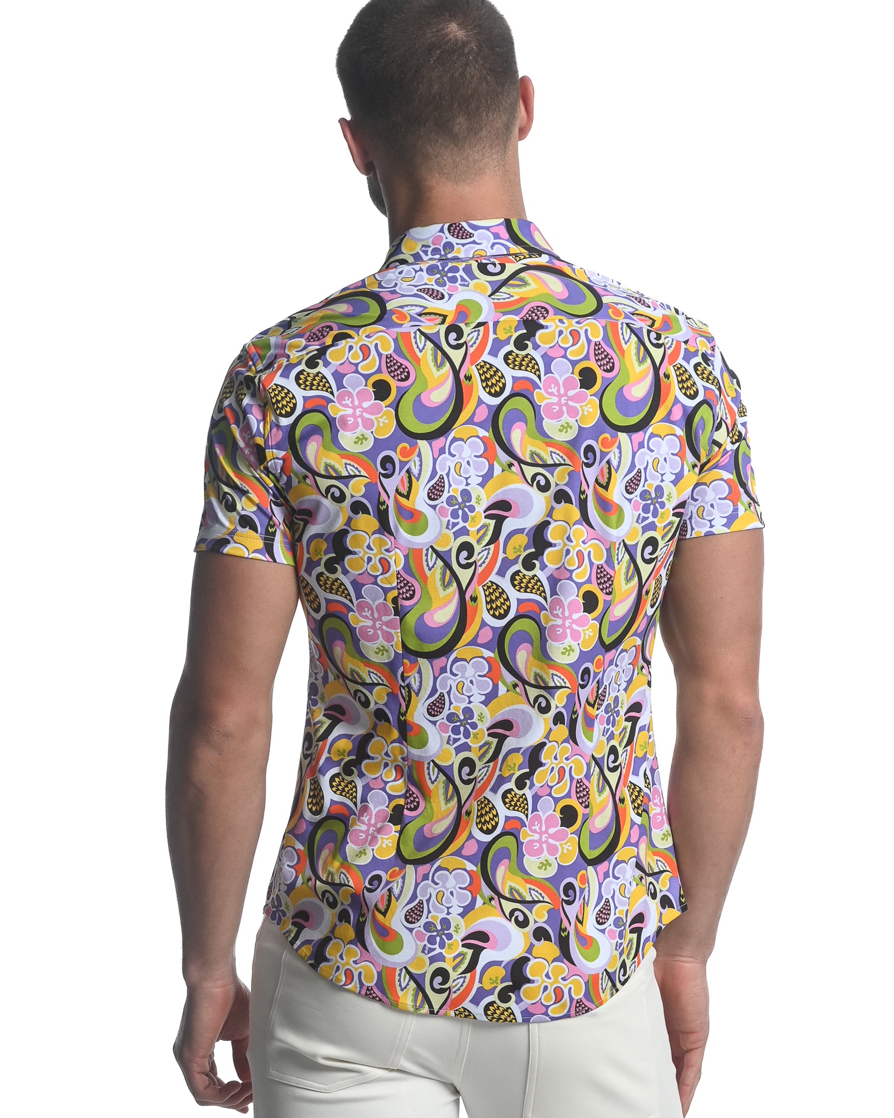 PERIWINKLE/ GREEN GROOVE PRINTED STRETCH JERSEY KNIT SHORT SLEEVE SHIRT ST-9279